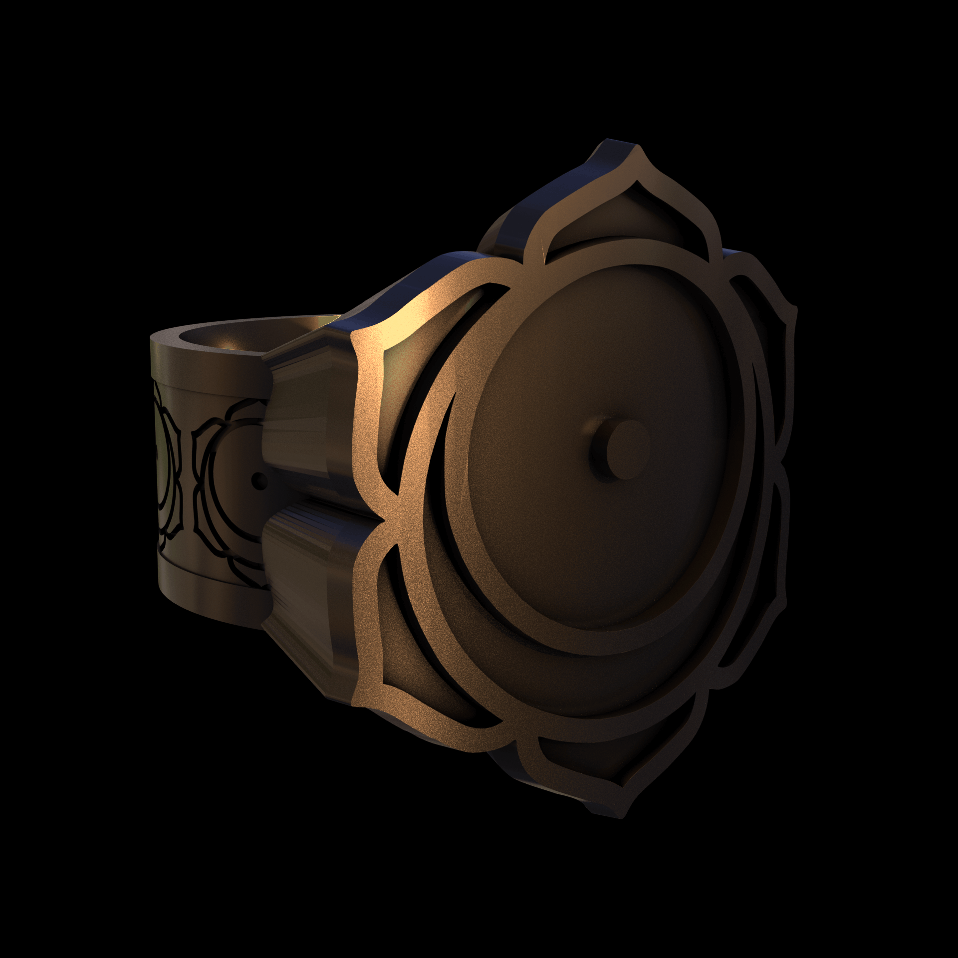 Bronze infused 420 stainless steel, manufactured using 3D printing, polished and enrobed in 24k gold with a mild sheen, with visible print lines.