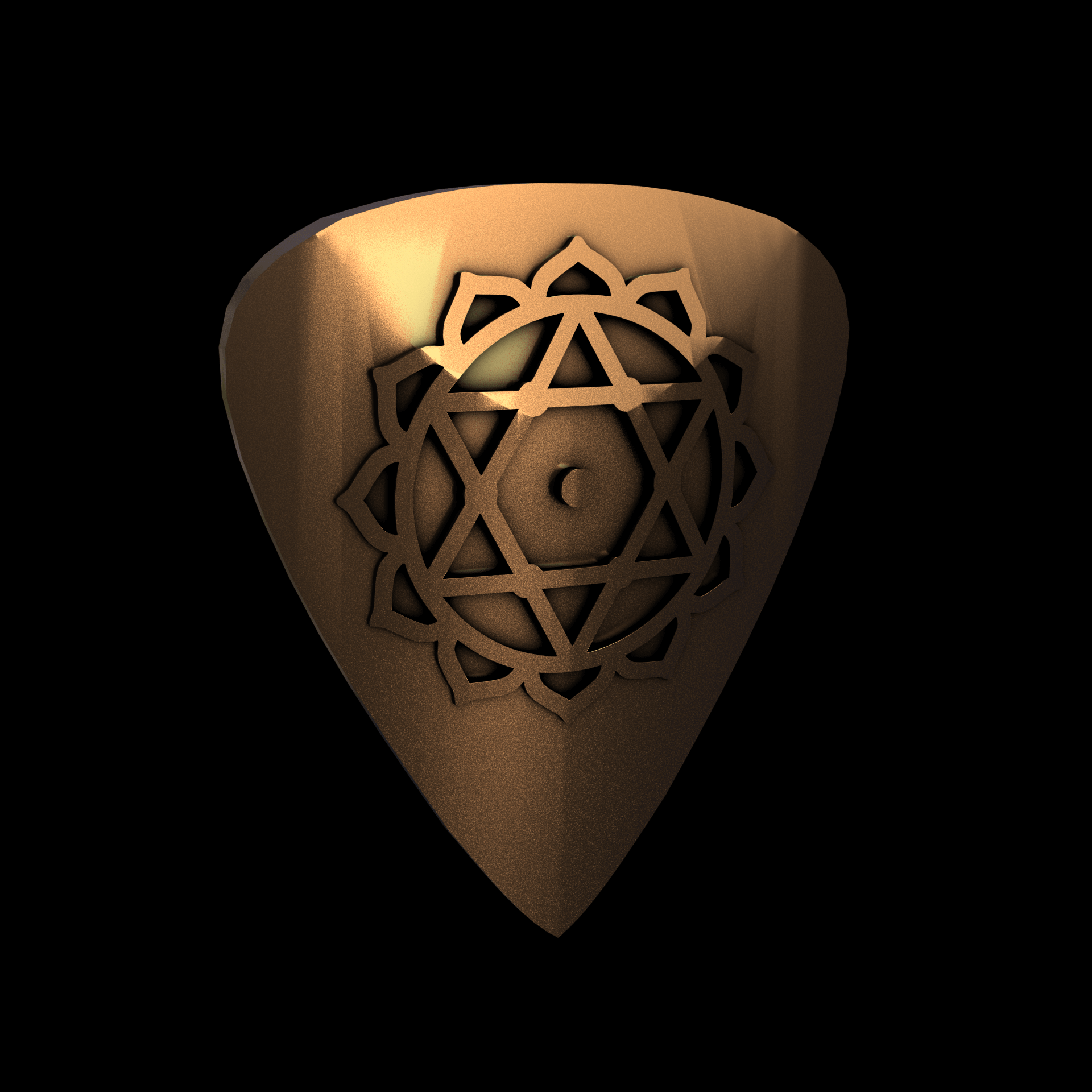 Bronze infused 420 stainless steel, manufactured using 3D printing, polished and enrobed in 24k gold with a mild sheen, with visible print lines.