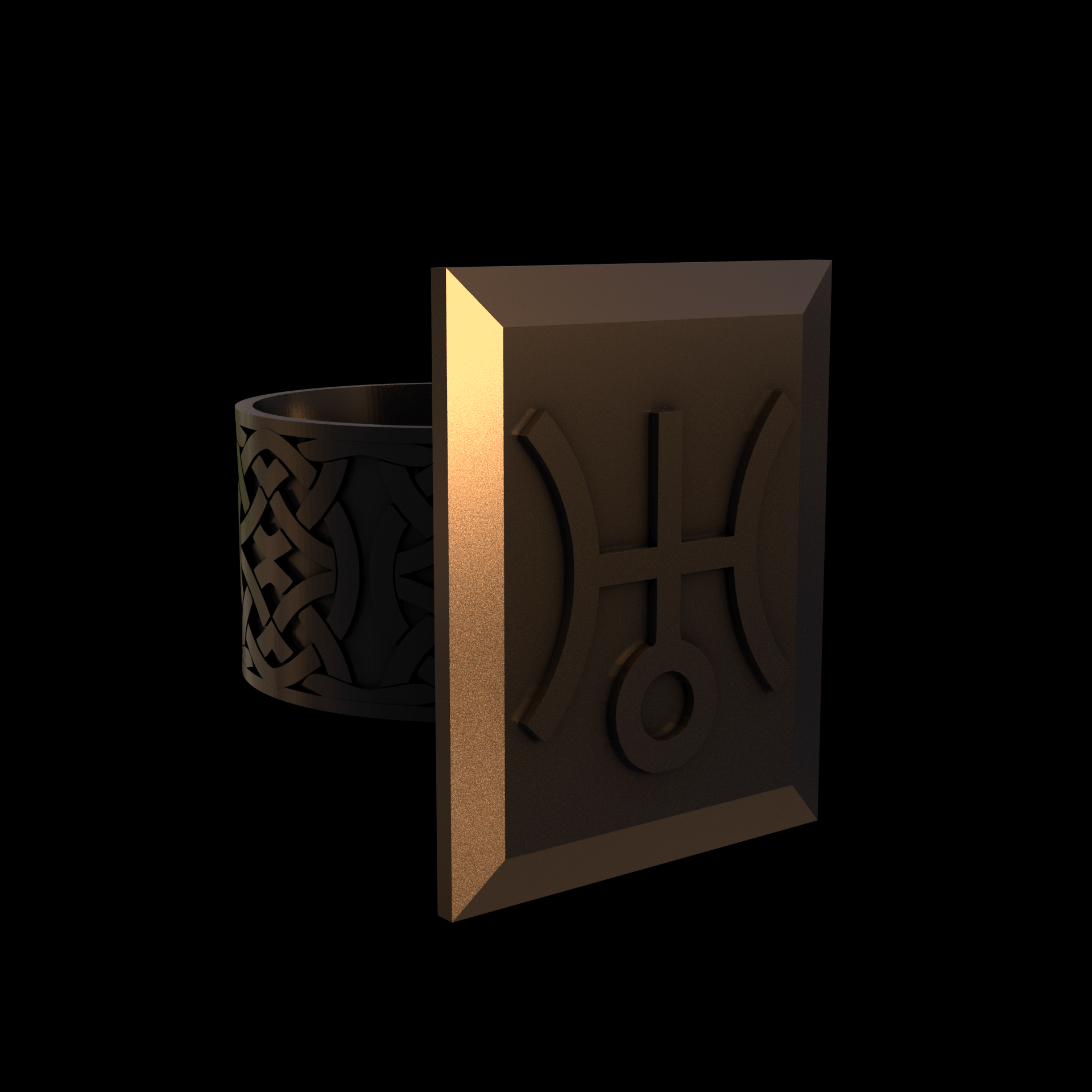 Bronze infused 420 stainless steel, manufactured using 3D printing, polished and enrobed in 24k gold with a mild sheen, with visible print lines.