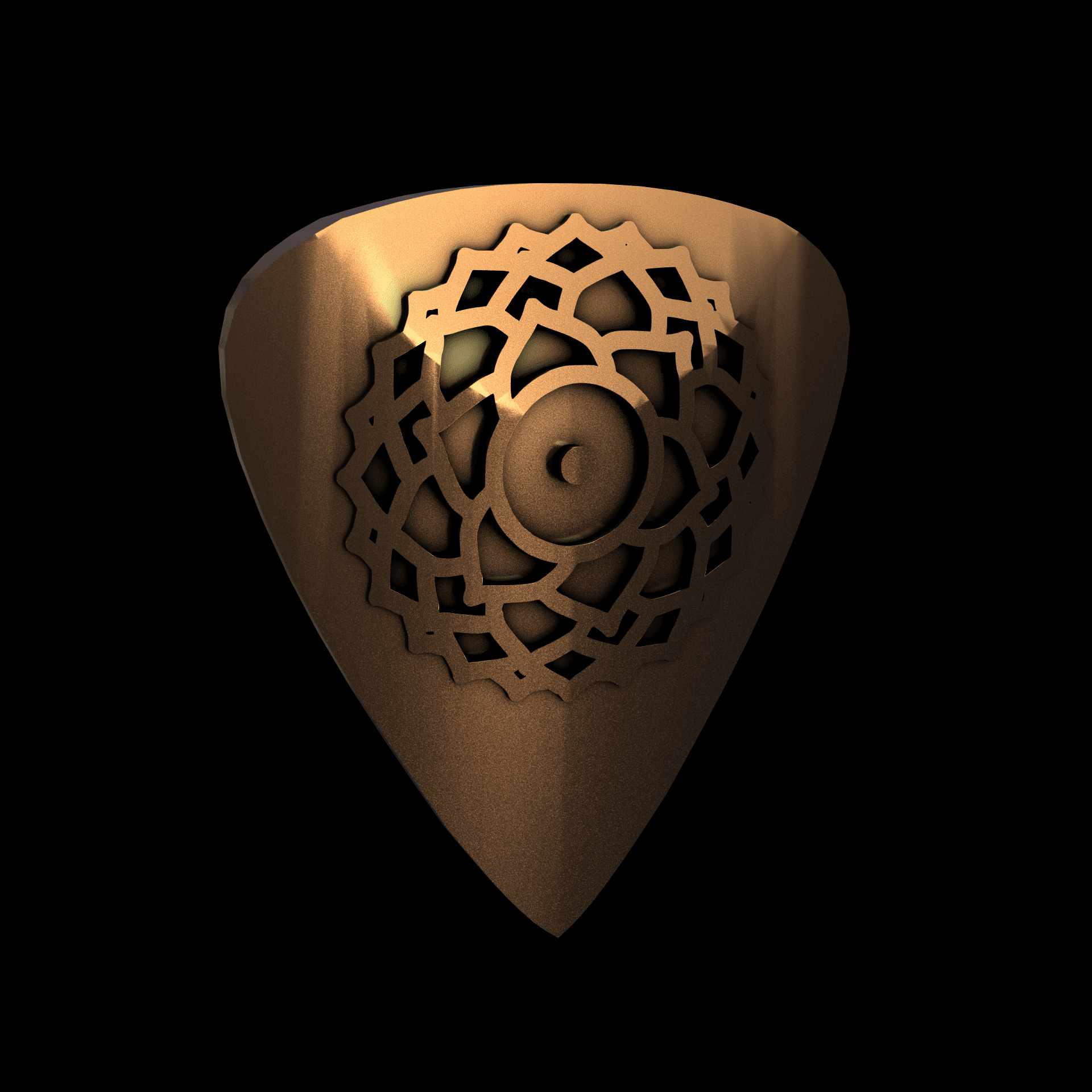 Bronze infused 420 stainless steel, manufactured using 3D printing, polished and enrobed in 24k gold with a mild sheen, with visible print lines.