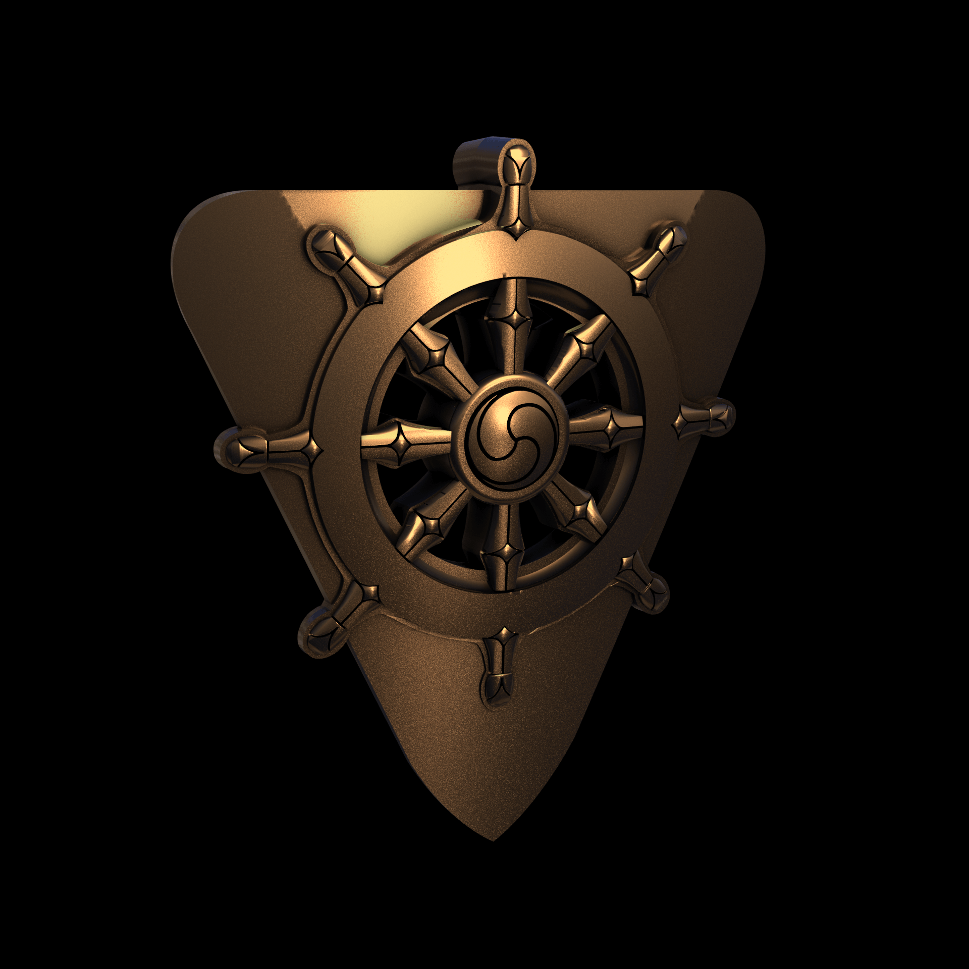 Bronze infused 420 stainless steel, manufactured using 3D printing, polished and enrobed in 24k gold with a mild sheen, with visible print lines.