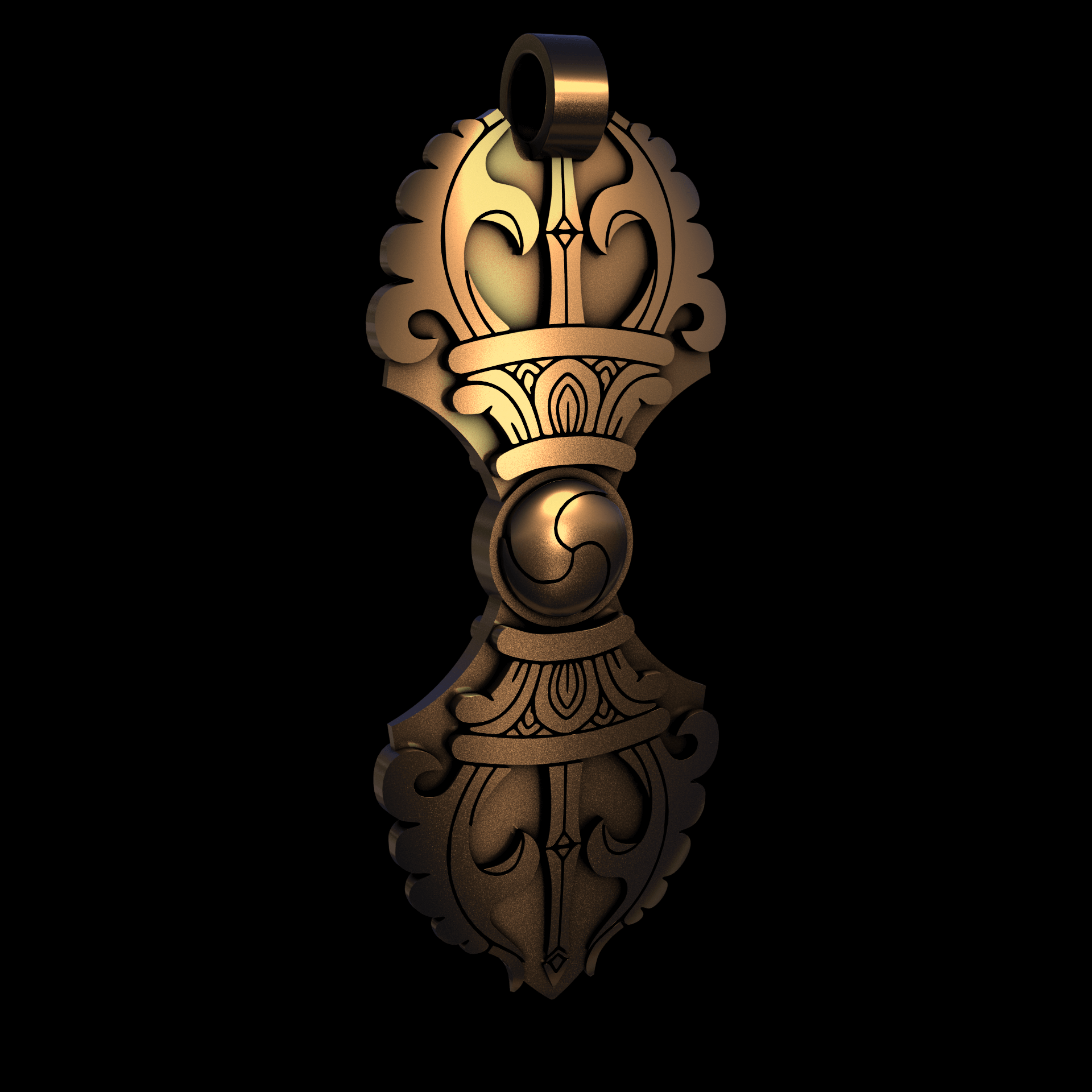 Bronze infused 420 stainless steel, manufactured using 3D printing, polished and enrobed in 24k gold with a mild sheen, with visible print lines.