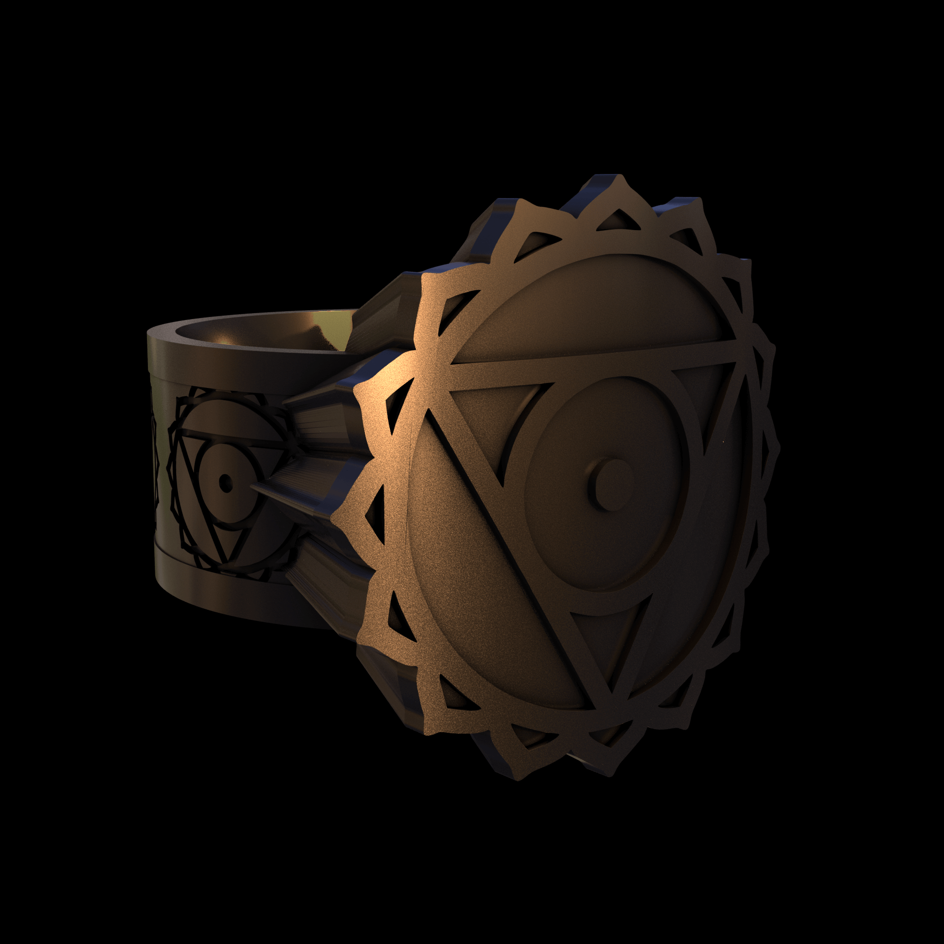 Bronze infused 420 stainless steel, manufactured using 3D printing, polished and enrobed in 24k gold with a mild sheen, with visible print lines.