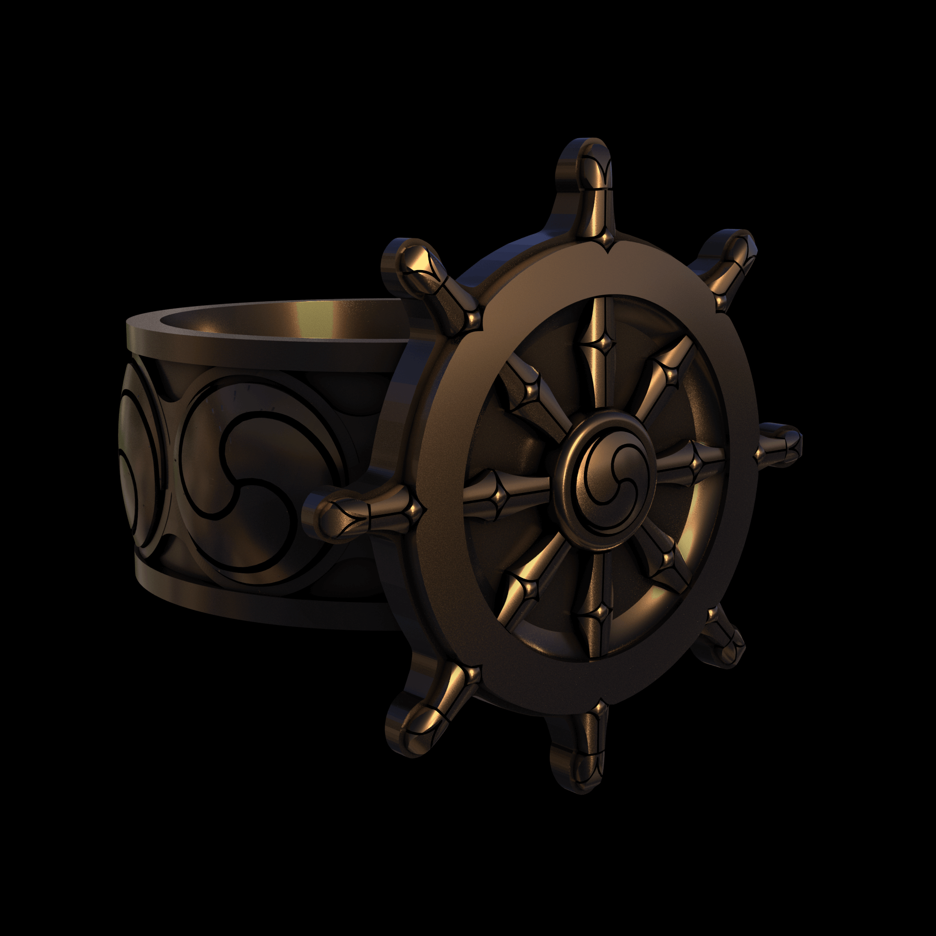 Bronze infused 420 stainless steel, manufactured using 3D printing, polished and enrobed in 24k gold with a mild sheen, with visible print lines.