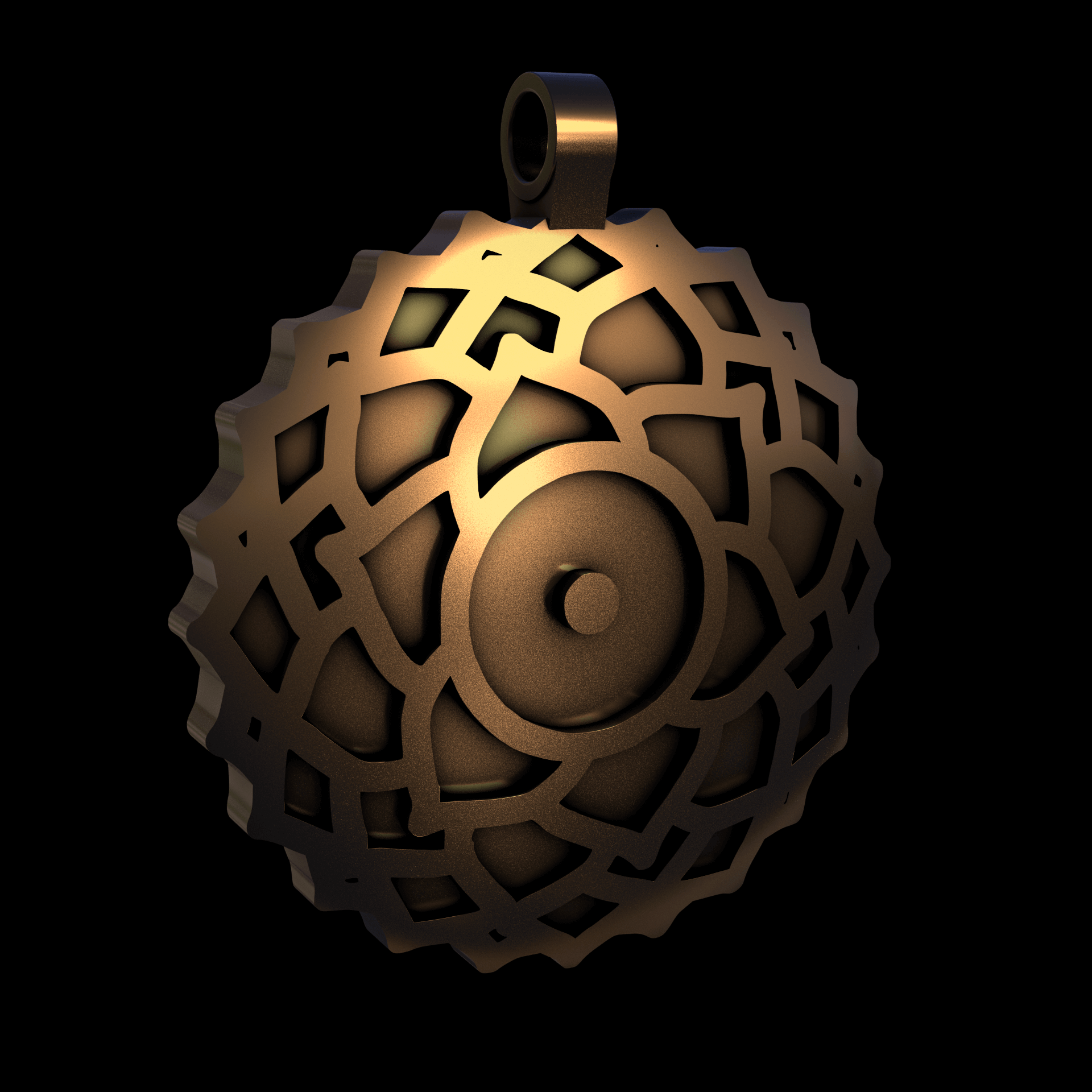 Bronze infused 420 stainless steel, manufactured using 3D printing, polished and enrobed in 24k gold with a mild sheen, with visible print lines.