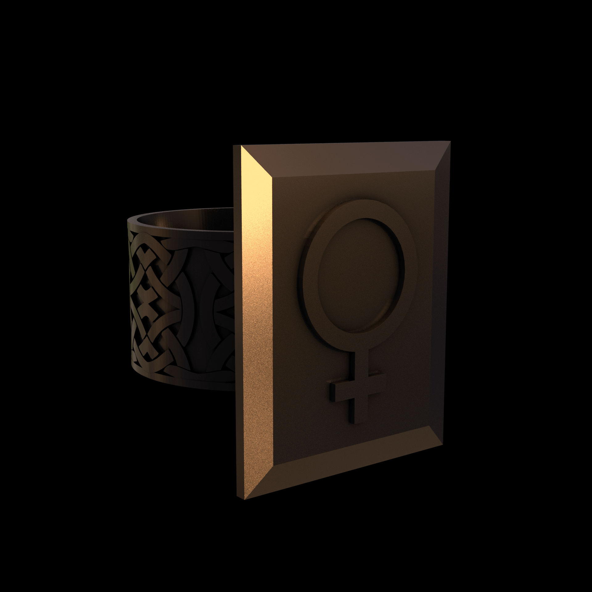 Bronze infused 420 stainless steel, manufactured using 3D printing, polished and enrobed in 24k gold with a mild sheen, with visible print lines.