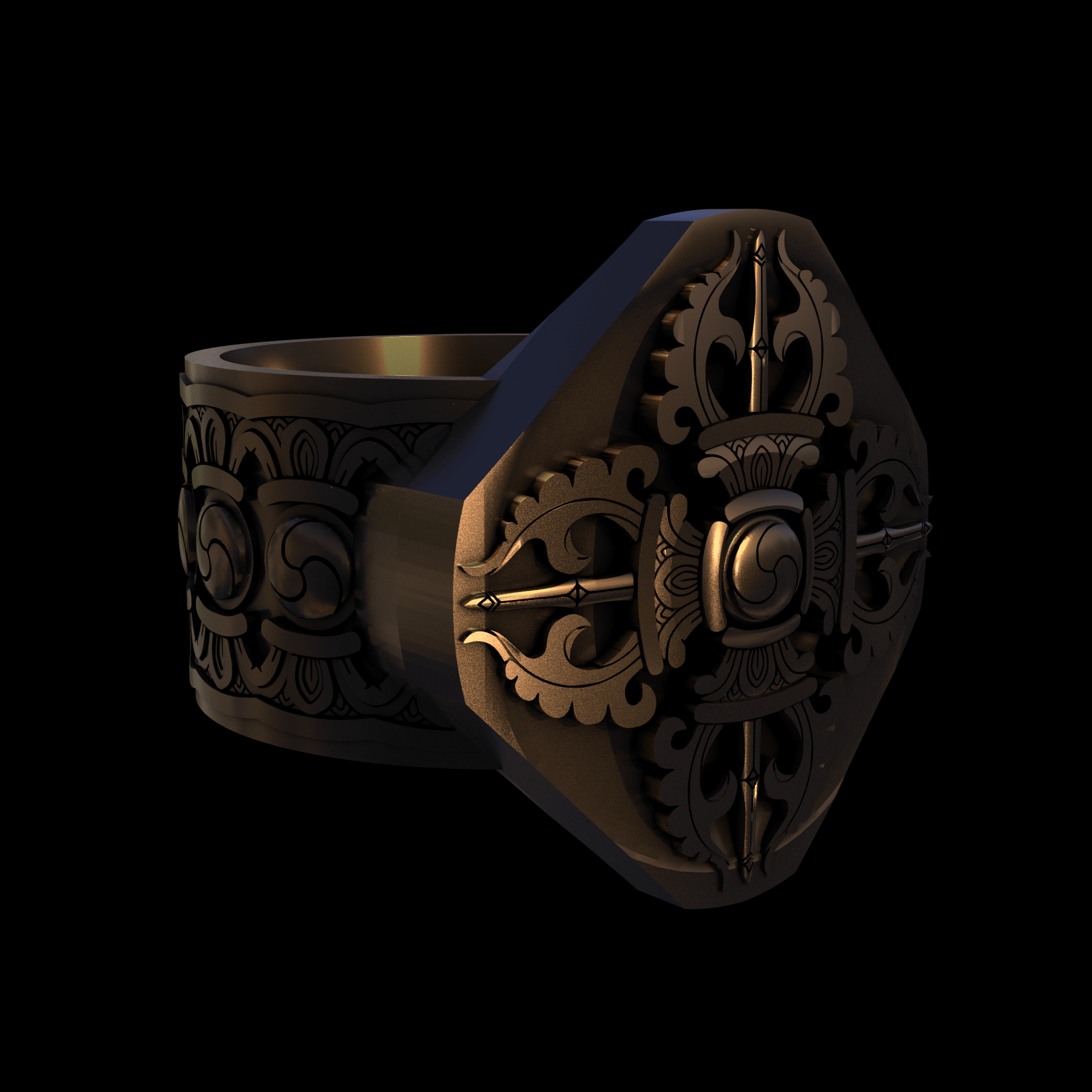 Bronze infused 420 stainless steel, manufactured using 3D printing, polished and enrobed in 24k gold with a mild sheen, with visible print lines.