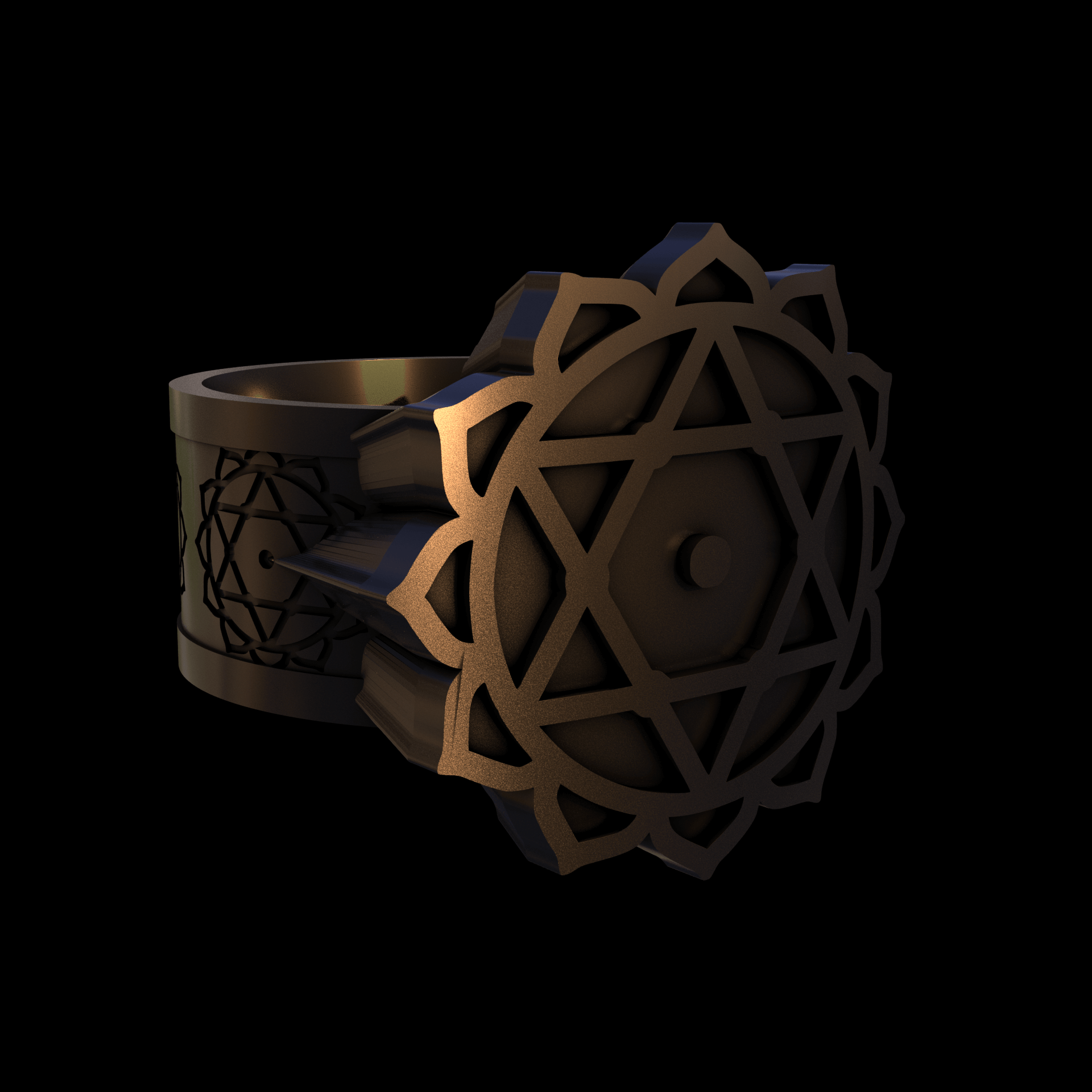 Bronze infused 420 stainless steel, manufactured using 3D printing, polished and enrobed in 24k gold with a mild sheen, with visible print lines.