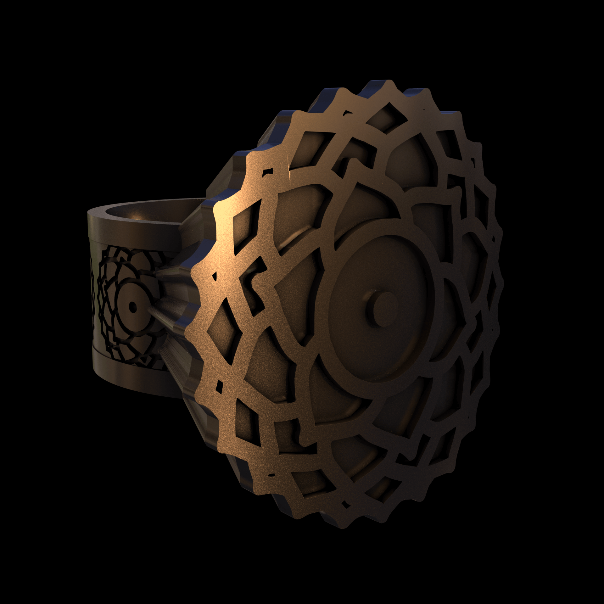 Bronze infused 420 stainless steel, manufactured using 3D printing, polished and enrobed in 24k gold with a mild sheen, with visible print lines.