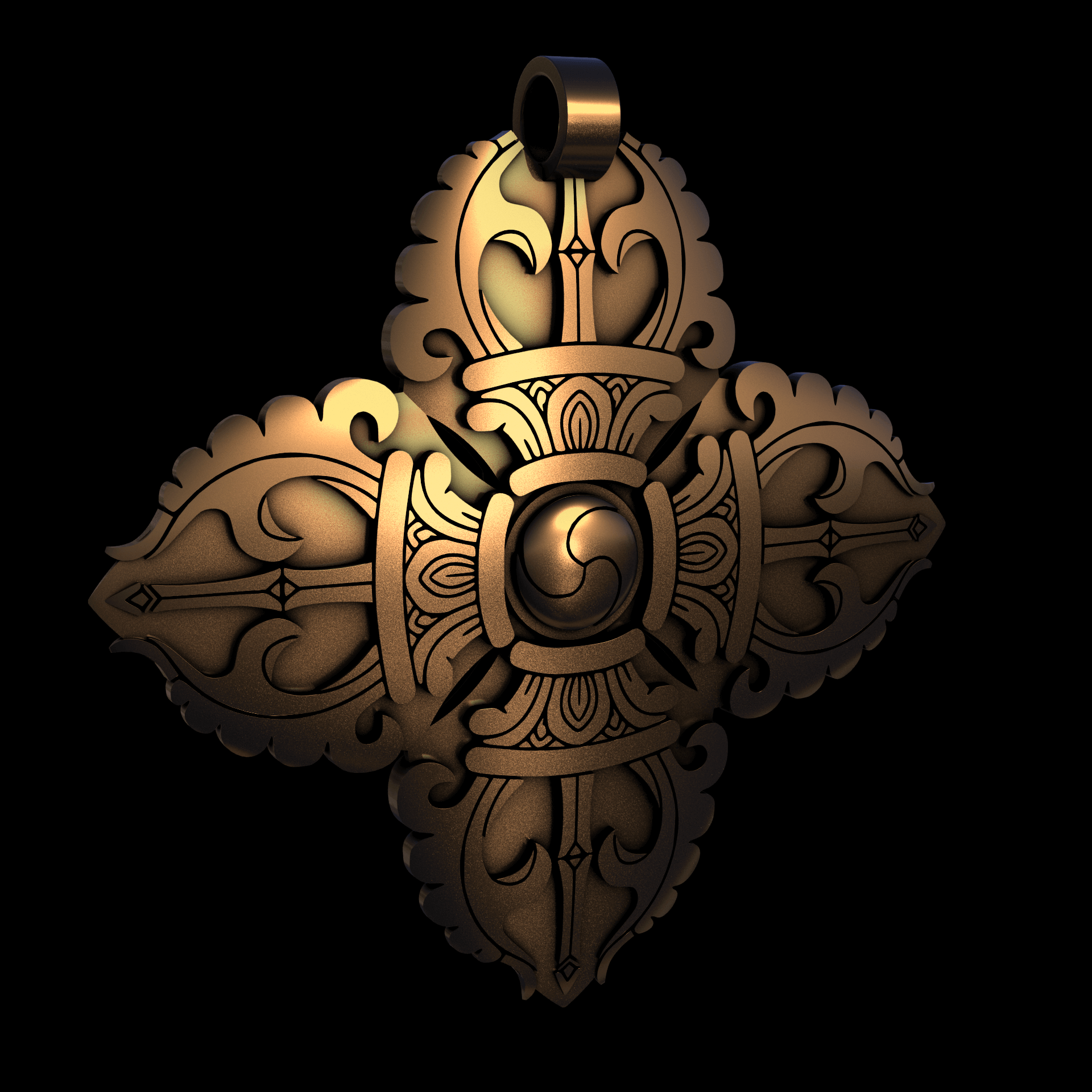 Bronze infused 420 stainless steel, manufactured using 3D printing, polished and enrobed in 24k gold with a mild sheen, with visible print lines.