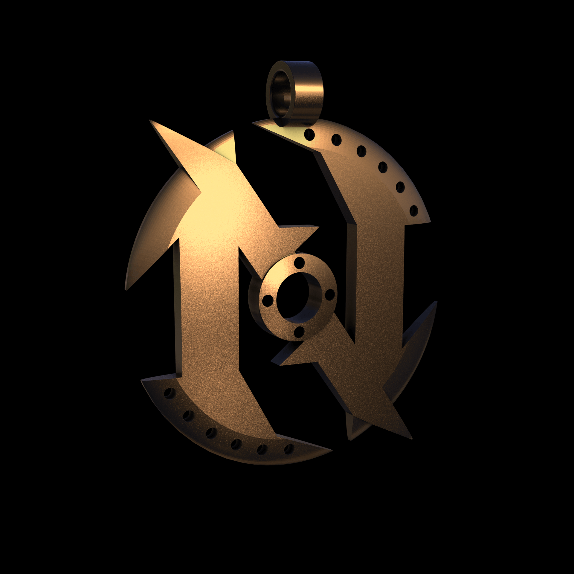 Bronze infused 420 stainless steel, manufactured using 3D printing, polished and enrobed in 24k gold with a mild sheen, with visible print lines.