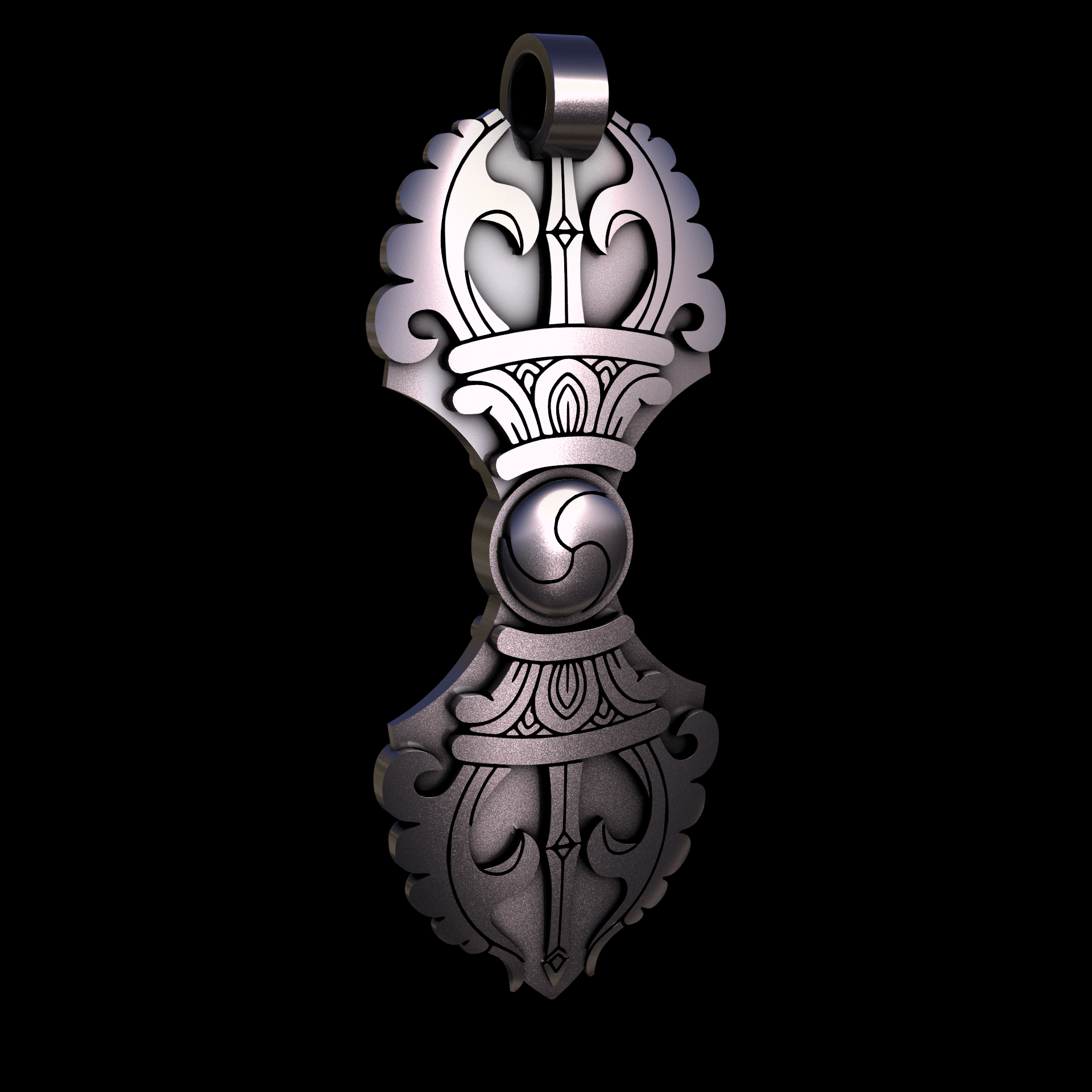 Bronze infused 420 stainless steel, manufactured using 3D printing, polished and plated in nickel for a silvery hue with a mild sheen, with visible print lines.