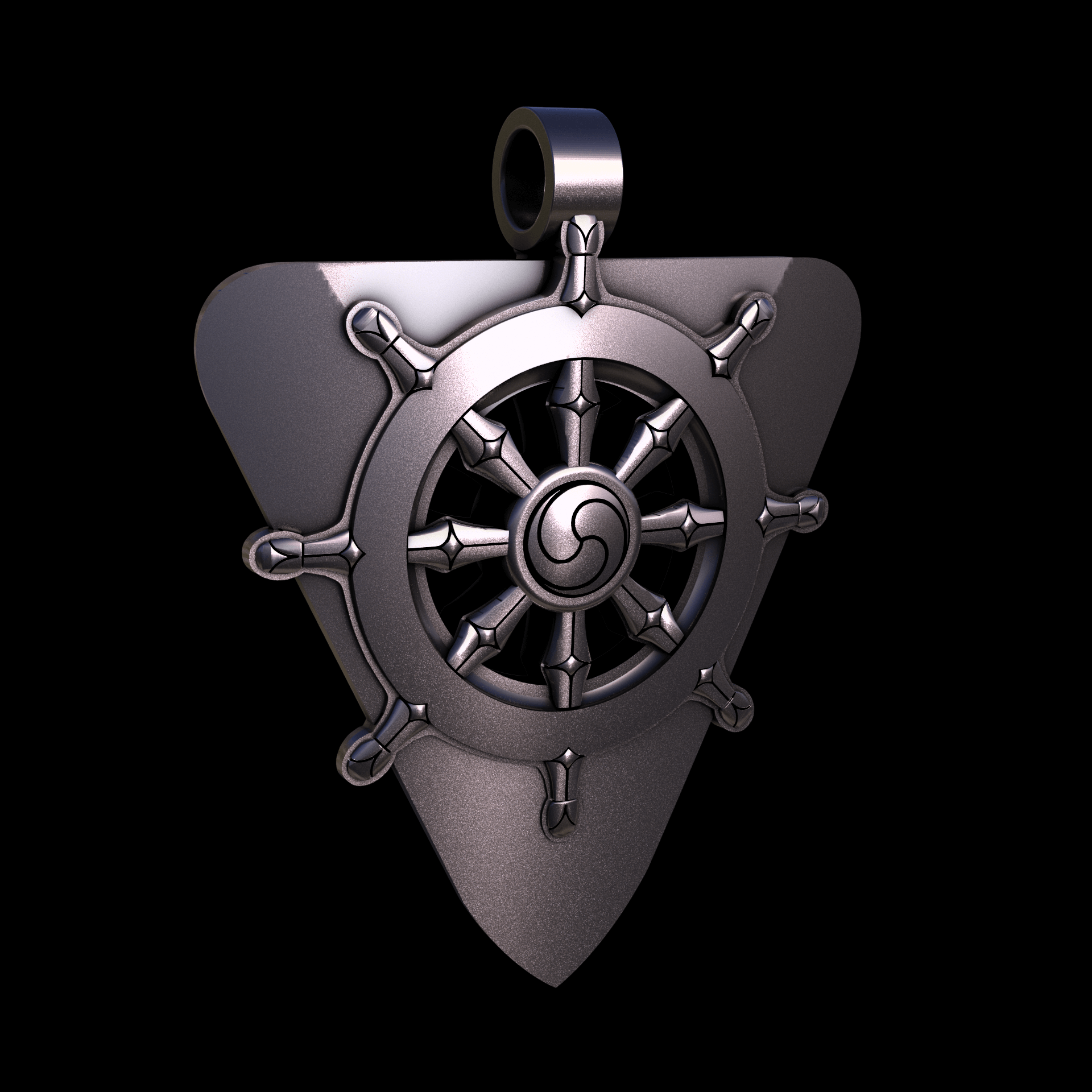 Bronze infused 420 stainless steel, manufactured using 3D printing, polished and plated in nickel for a silvery hue with a mild sheen, with visible print lines.