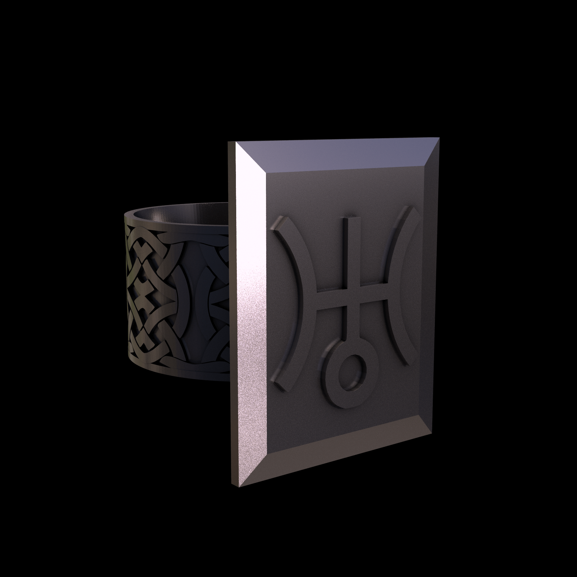 Bronze infused 420 stainless steel, manufactured using 3D printing, polished and plated in nickel for a silvery hue with a mild sheen, with visible print lines.