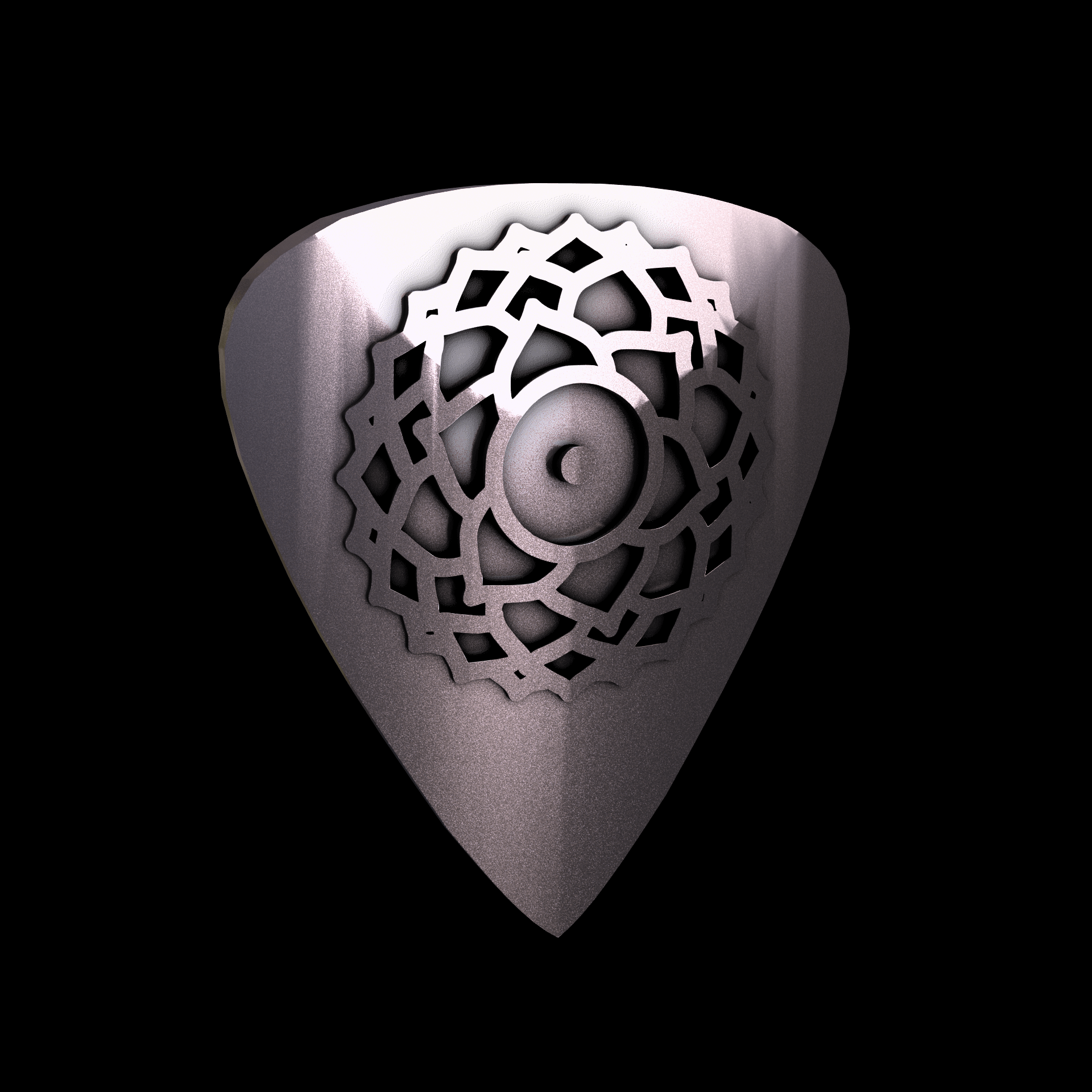 Bronze infused 420 stainless steel, manufactured using 3D printing, polished and plated in nickel for a silvery hue with a mild sheen, with visible print lines.