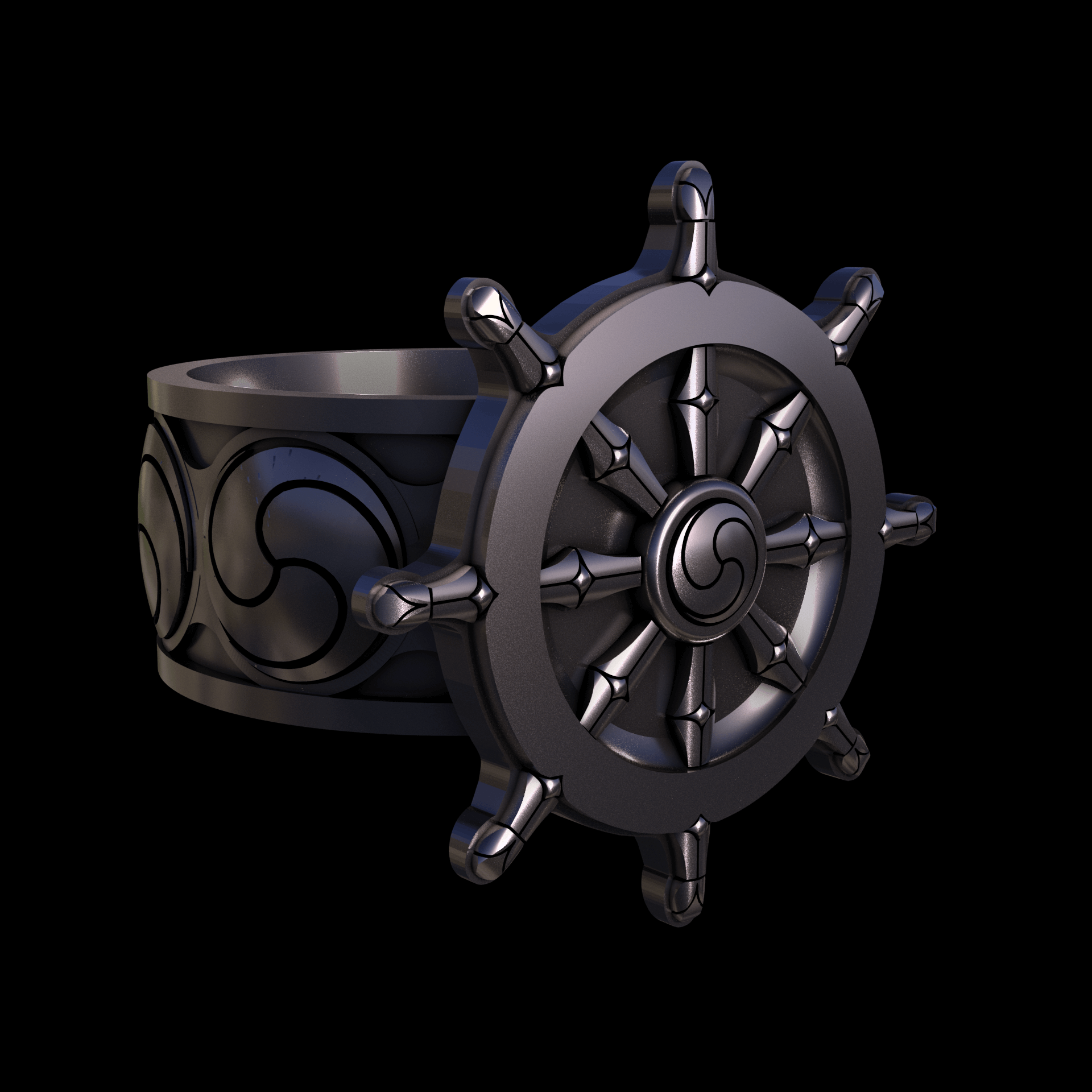 Bronze infused 420 stainless steel, manufactured using 3D printing, polished and plated in nickel for a silvery hue with a mild sheen, with visible print lines.