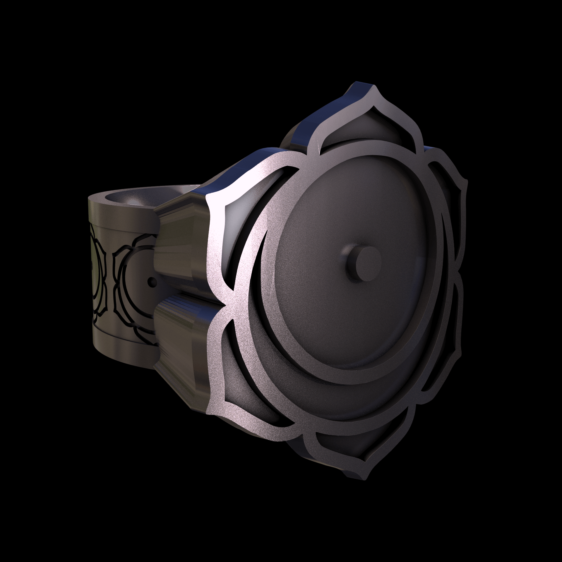 Bronze infused 420 stainless steel, manufactured using 3D printing, polished and plated in nickel for a silvery hue with a mild sheen, with visible print lines.