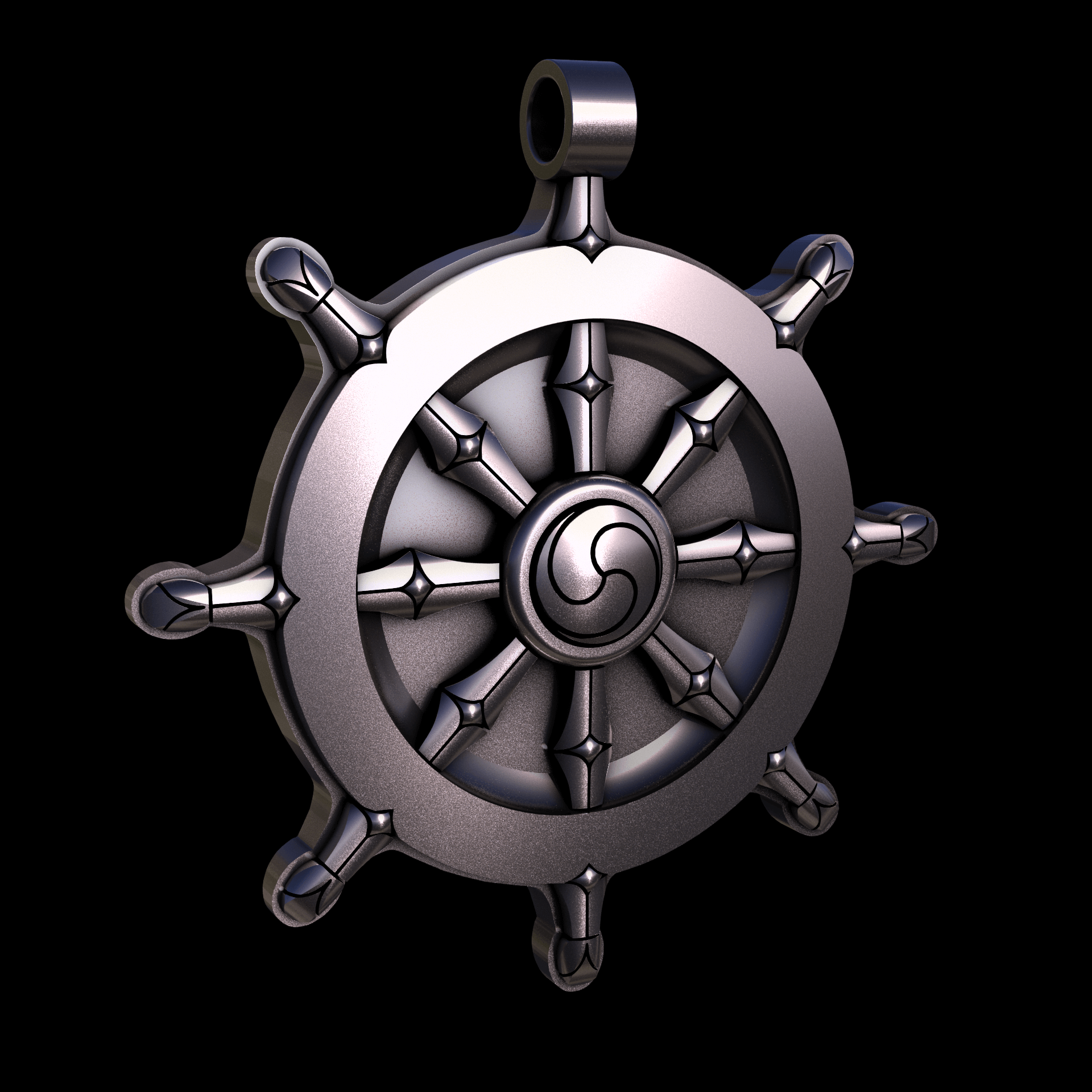 Bronze infused 420 stainless steel, manufactured using 3D printing, polished and plated in nickel for a silvery hue with a mild sheen, with visible print lines.