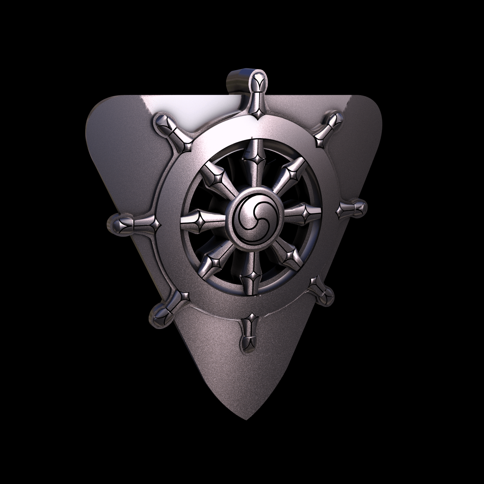 Bronze infused 420 stainless steel, manufactured using 3D printing, polished and plated in nickel for a silvery hue with a mild sheen, with visible print lines.