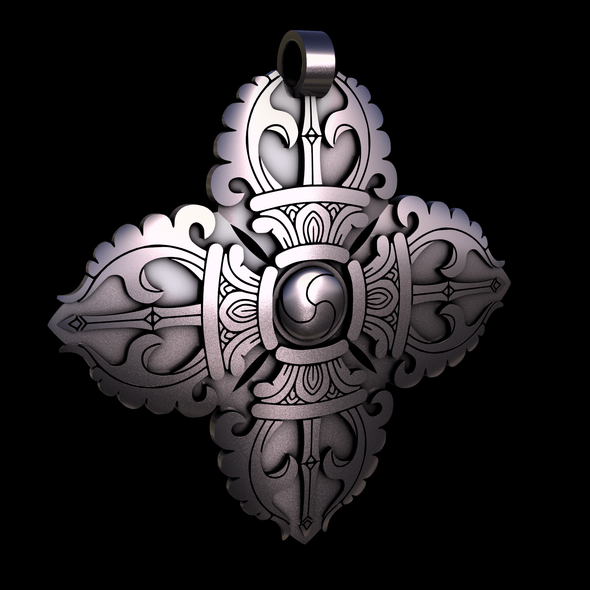 Bronze infused 420 stainless steel, manufactured using 3D printing, polished and plated in nickel for a silvery hue with a mild sheen, with visible print lines.