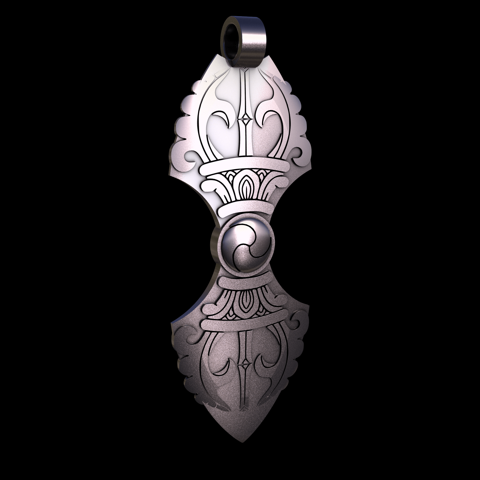 Bronze infused 420 stainless steel, manufactured using 3D printing, polished and plated in nickel for a silvery hue with a mild sheen, with visible print lines.