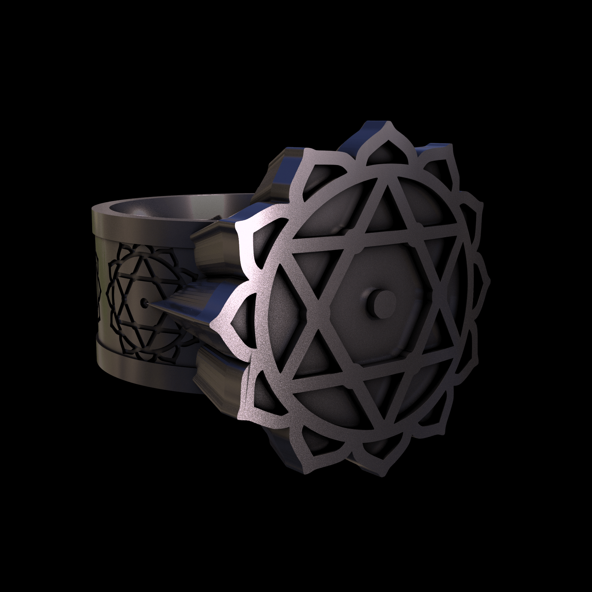 Bronze infused 420 stainless steel, manufactured using 3D printing, polished and plated in nickel for a silvery hue with a mild sheen, with visible print lines.