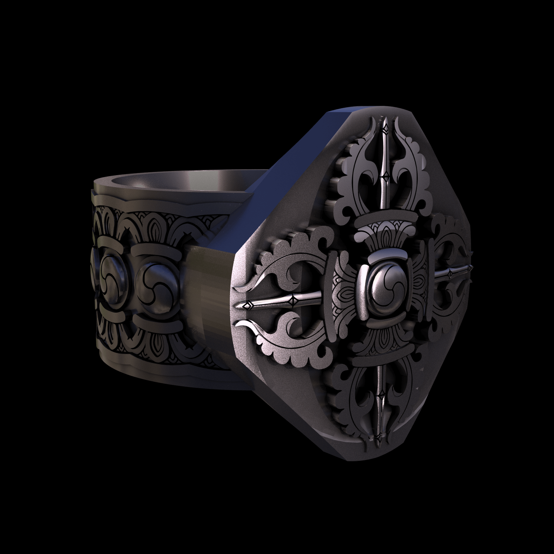 Bronze infused 420 stainless steel, manufactured using 3D printing, polished and plated in nickel for a silvery hue with a mild sheen, with visible print lines.