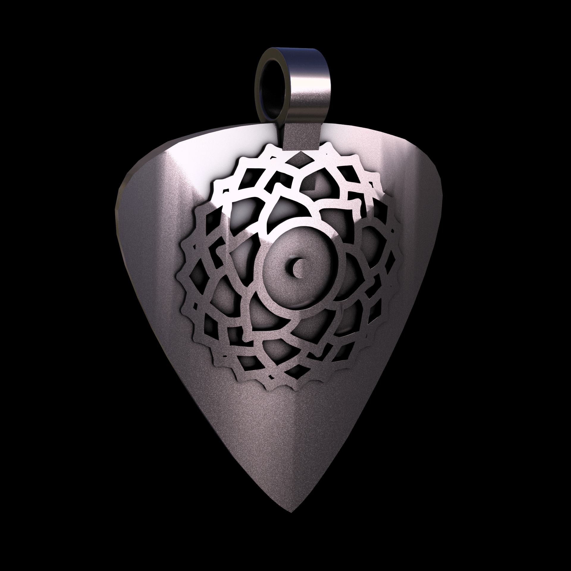 Bronze infused 420 stainless steel, manufactured using 3D printing, polished and plated in nickel for a silvery hue with a mild sheen, with visible print lines.