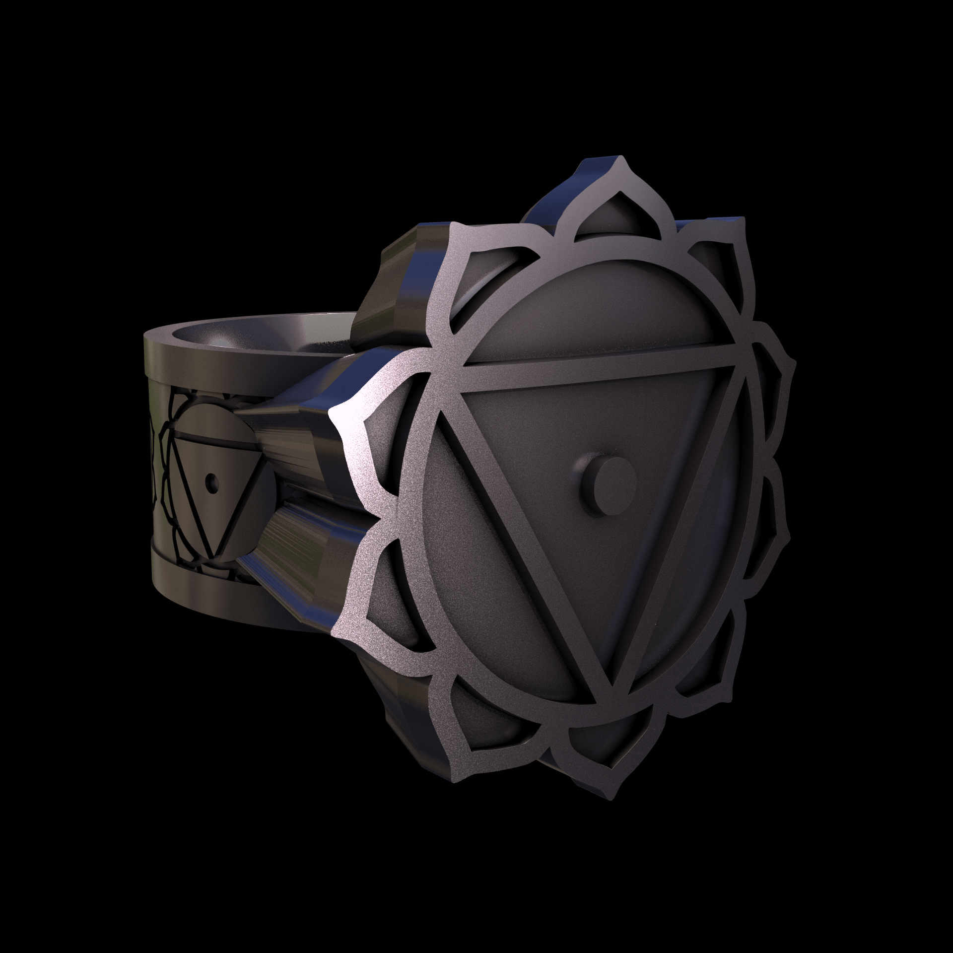 Bronze infused 420 stainless steel, manufactured using 3D printing, polished and plated in nickel for a silvery hue with a mild sheen, with visible print lines.