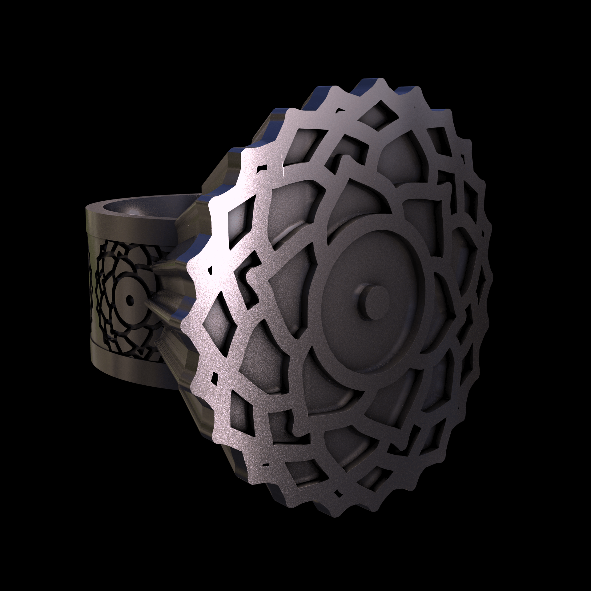 Bronze infused 420 stainless steel, manufactured using 3D printing, polished and plated in nickel for a silvery hue with a mild sheen, with visible print lines.