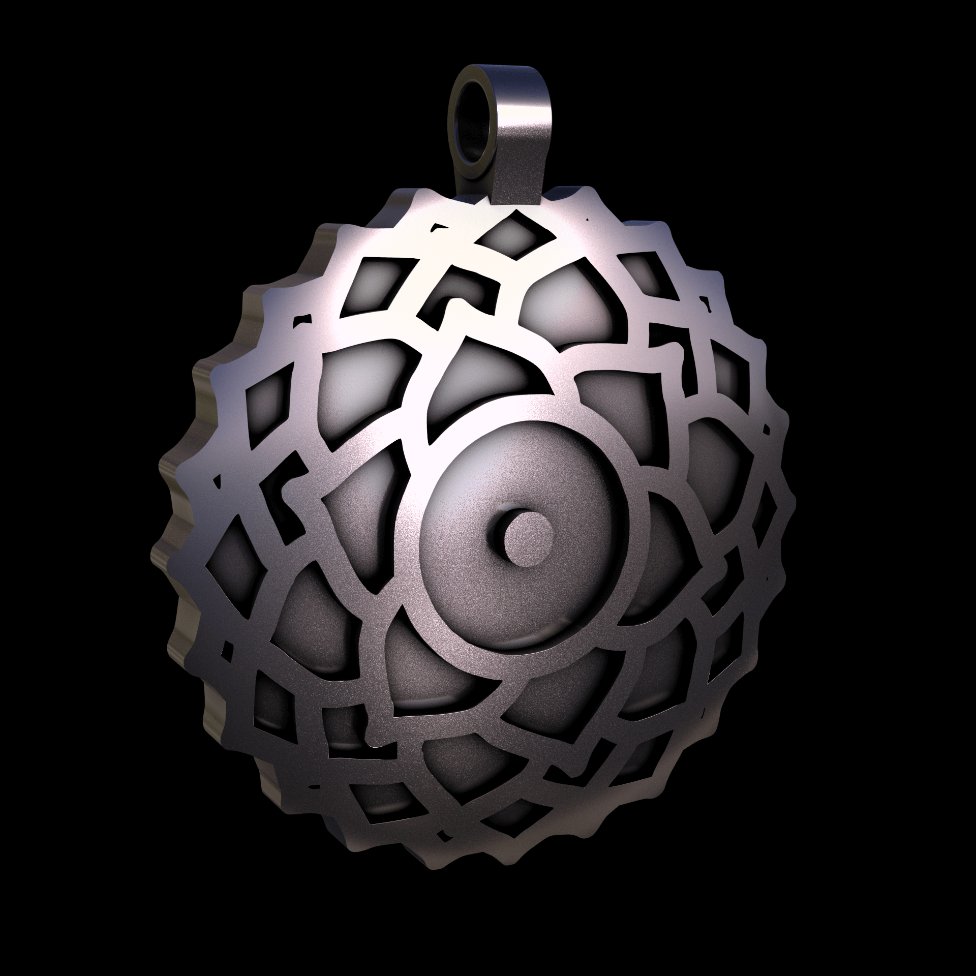 Bronze infused 420 stainless steel, manufactured using 3D printing, polished and plated in nickel for a silvery hue with a mild sheen, with visible print lines.