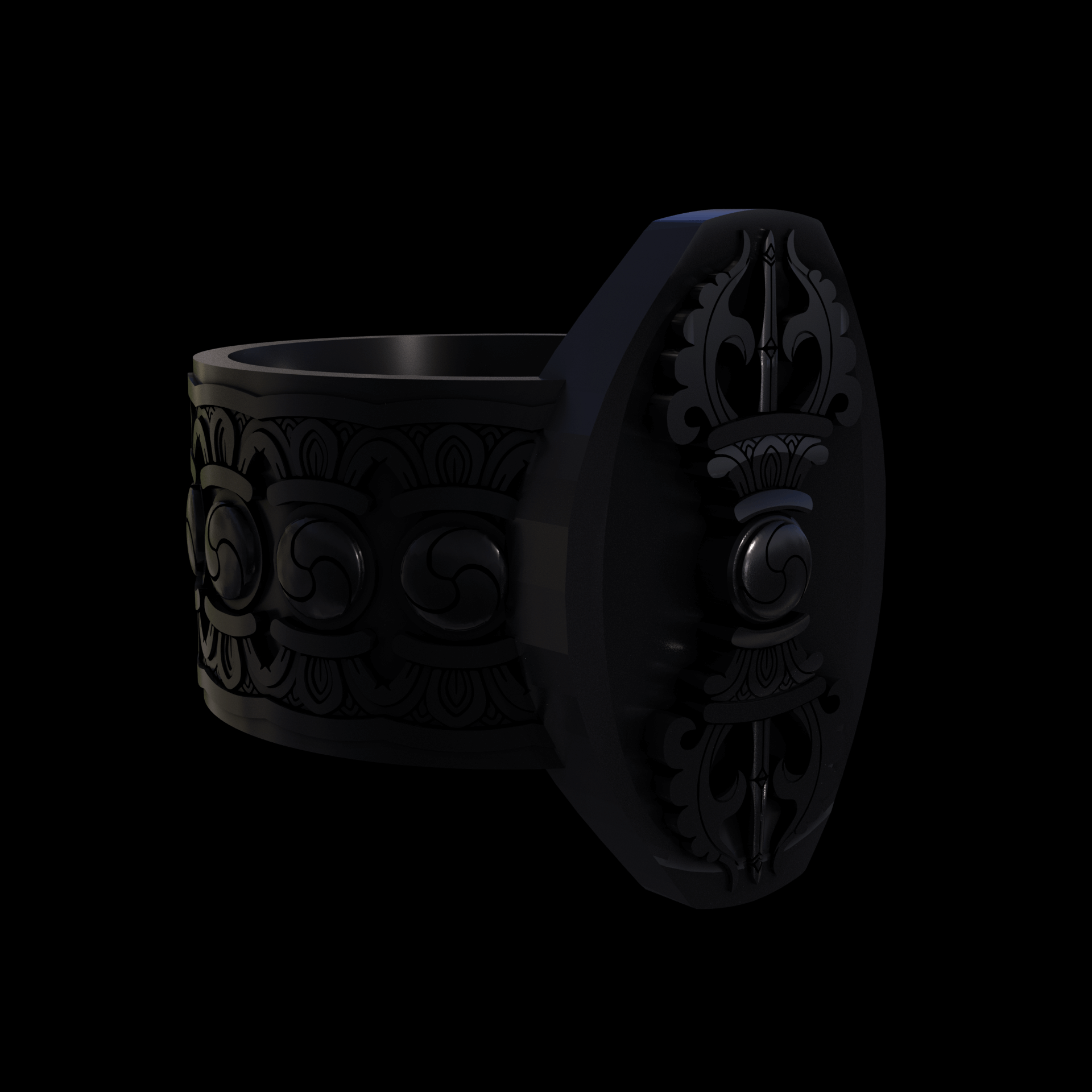 Bronze infused 420 stainless steel, manufactured using 3D printing, treated and polished for a dark grey sheen, with visible print lines.