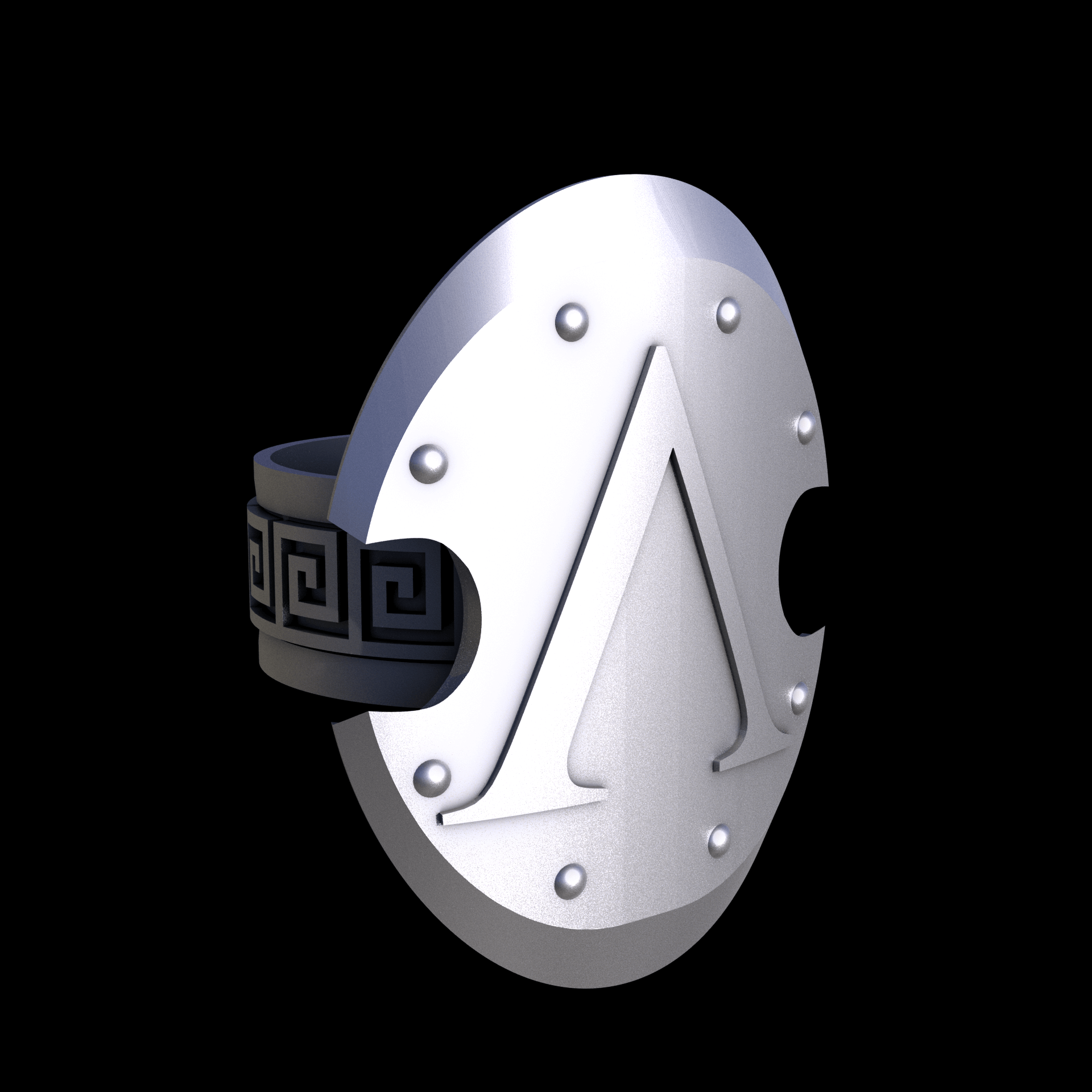 Stainless Steel 316L, manufactured using 3D printing, and media blasted after sintering, for a semi matte, rough surface finish.