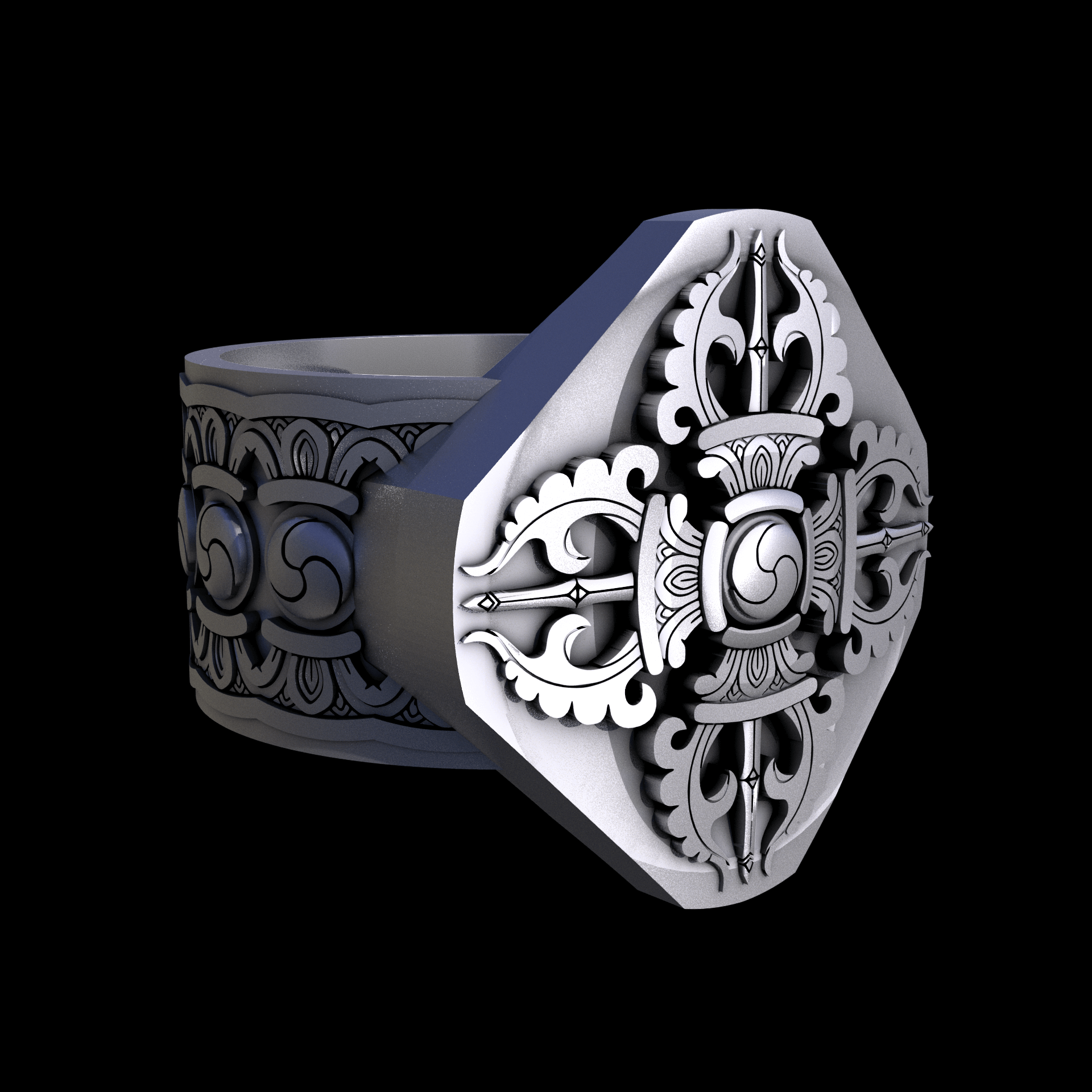 Stainless Steel 316L, manufactured using 3D printing, and media blasted after sintering, for a semi matte, rough surface finish.