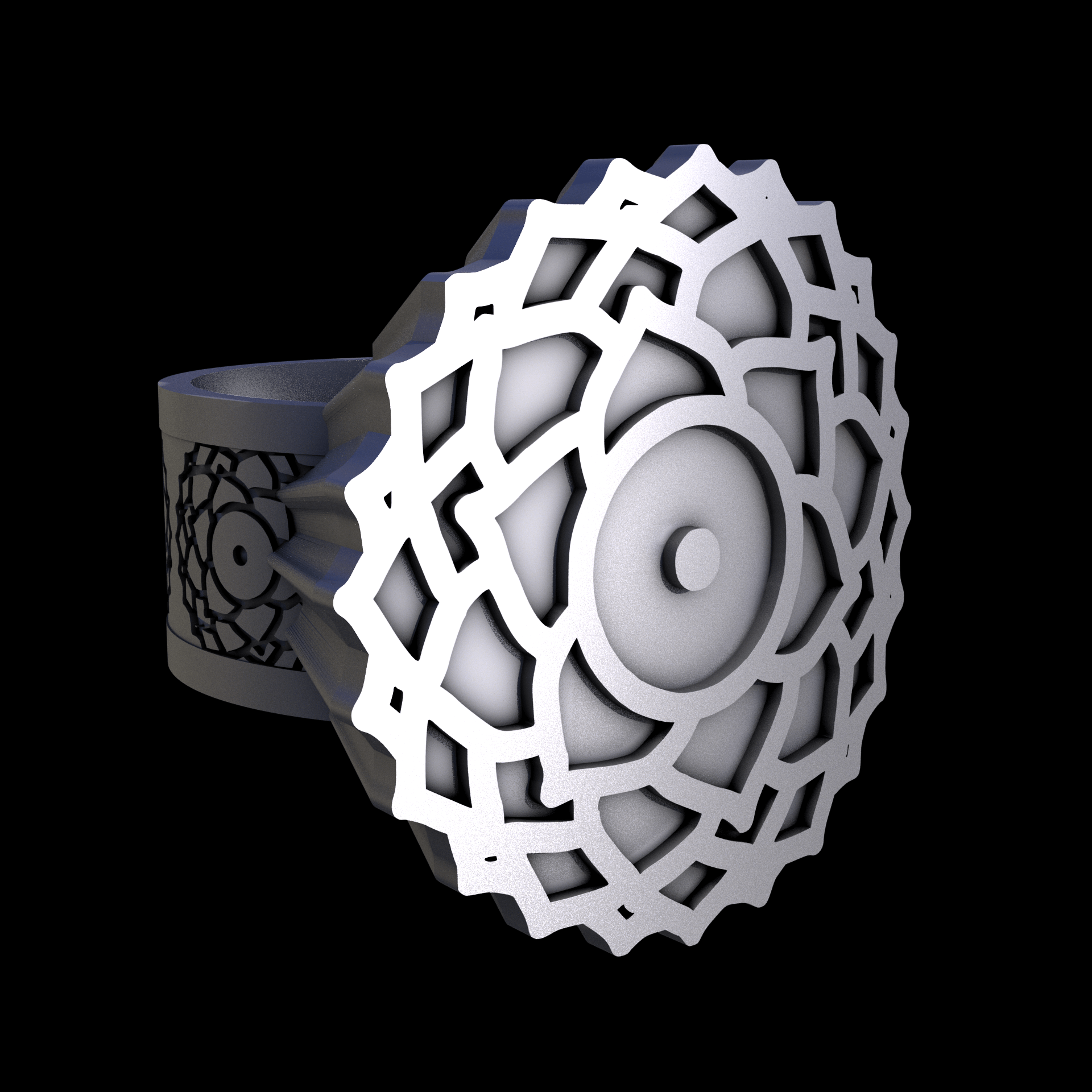 Stainless Steel 316L, manufactured using 3D printing, and media blasted after sintering, for a semi matte, rough surface finish.