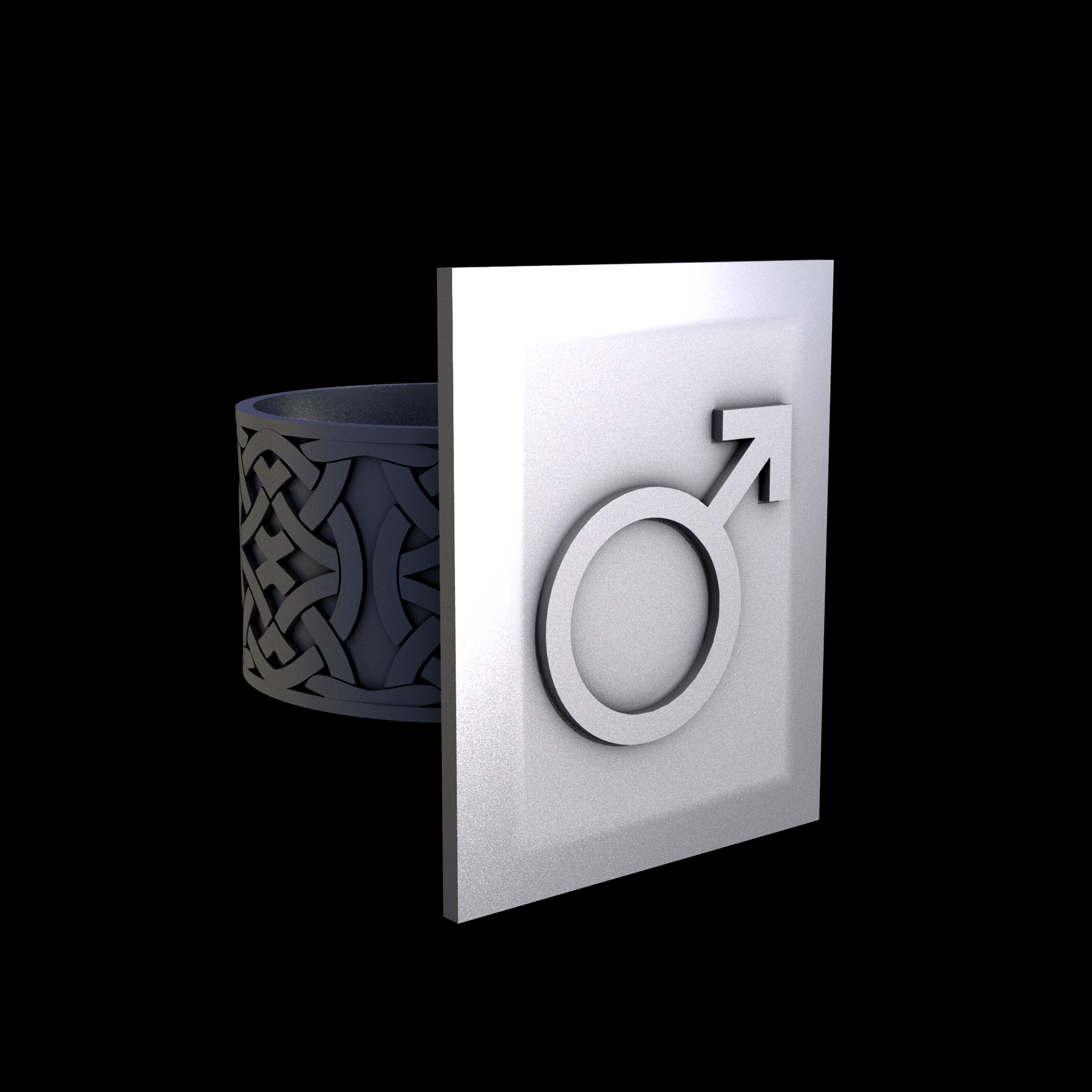 Stainless Steel 316L, manufactured using 3D printing, and media blasted after sintering, for a semi matte, rough surface finish.