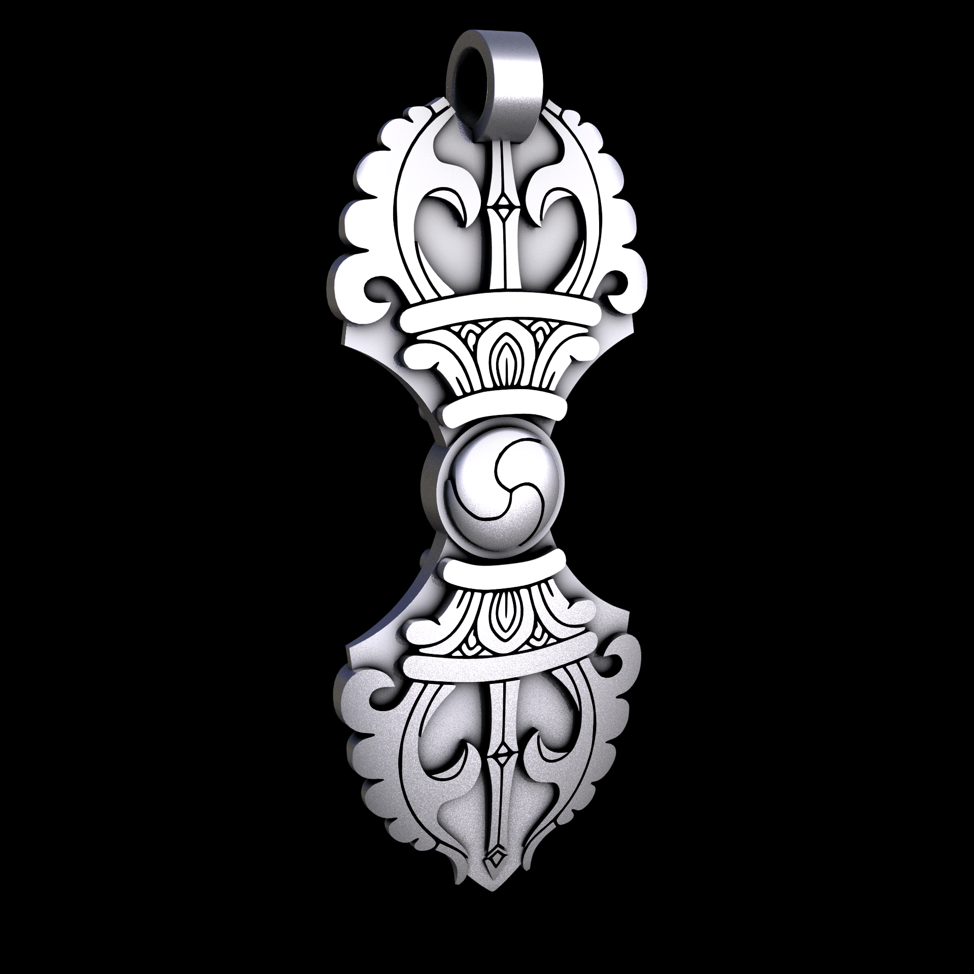 Stainless Steel 316L, manufactured using 3D printing, and media blasted after sintering, for a semi matte, rough surface finish.