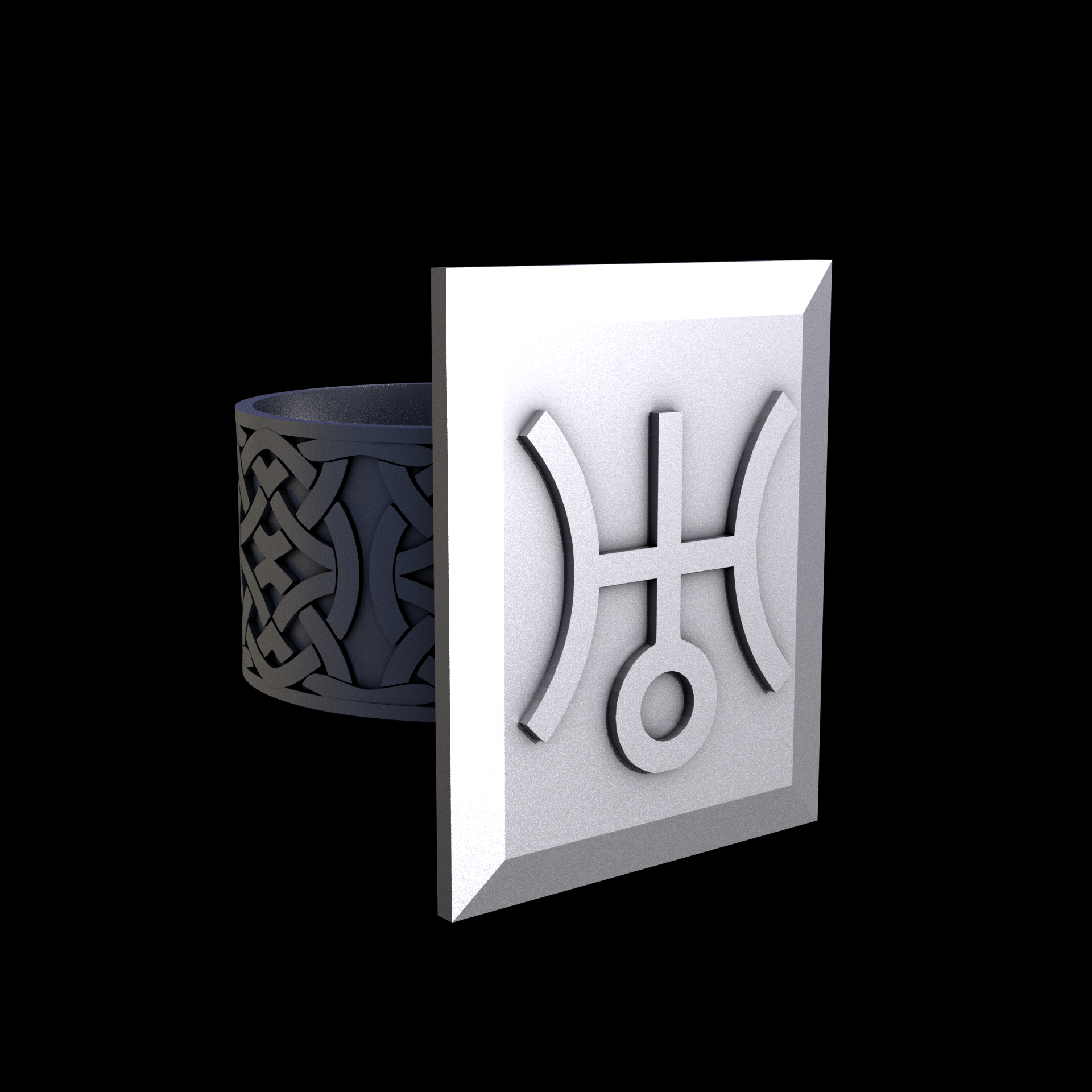 Stainless Steel 316L, manufactured using 3D printing, and media blasted after sintering, for a semi matte, rough surface finish.