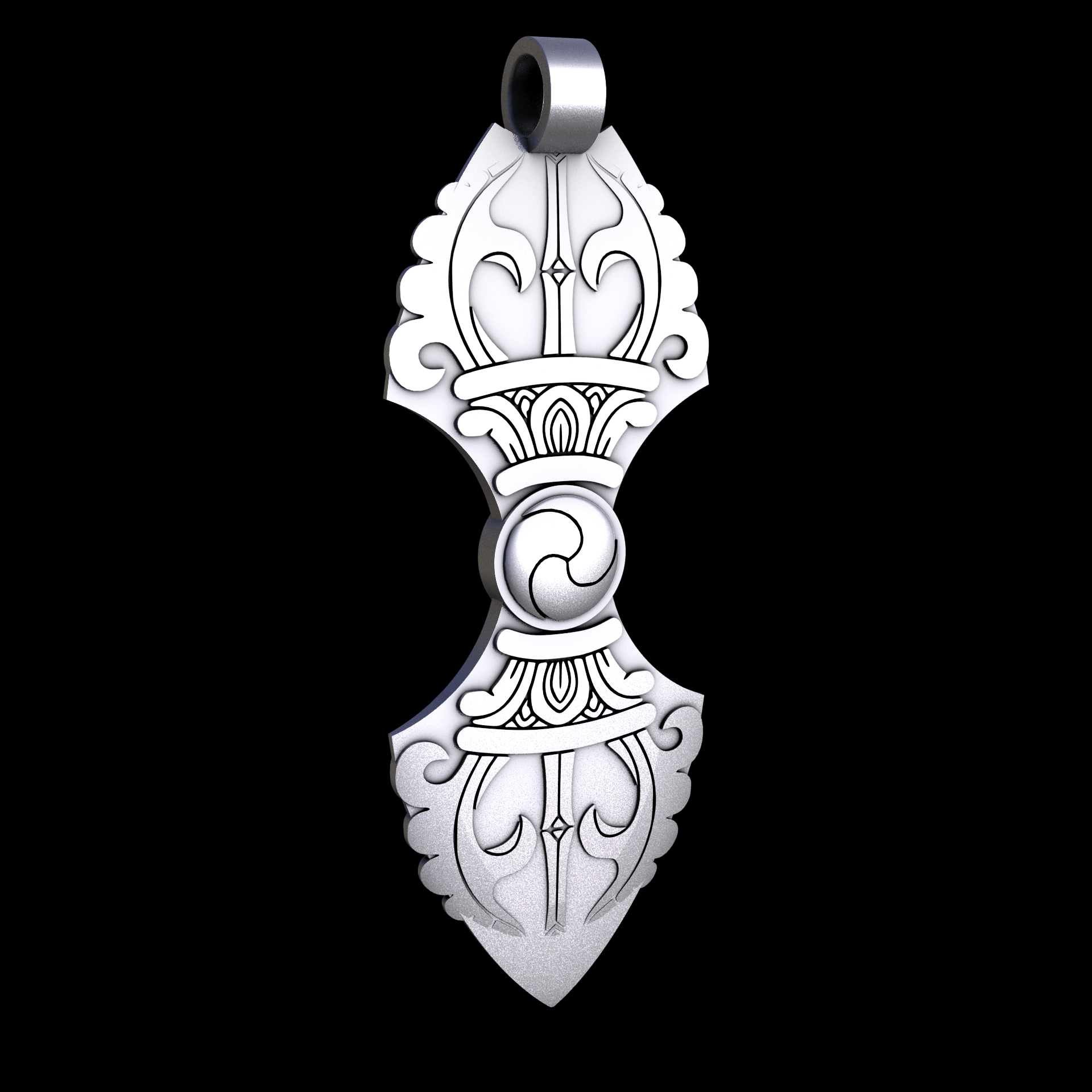 Stainless Steel 316L, manufactured using 3D printing, and media blasted after sintering, for a semi matte, rough surface finish.
