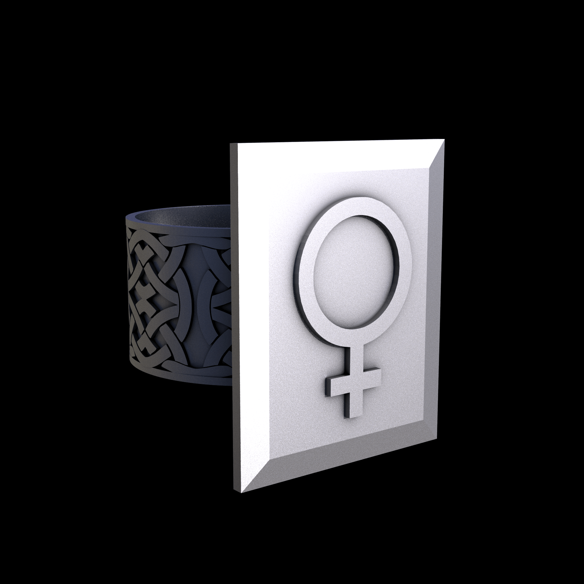 Stainless Steel 316L, manufactured using 3D printing, and media blasted after sintering, for a semi matte, rough surface finish.