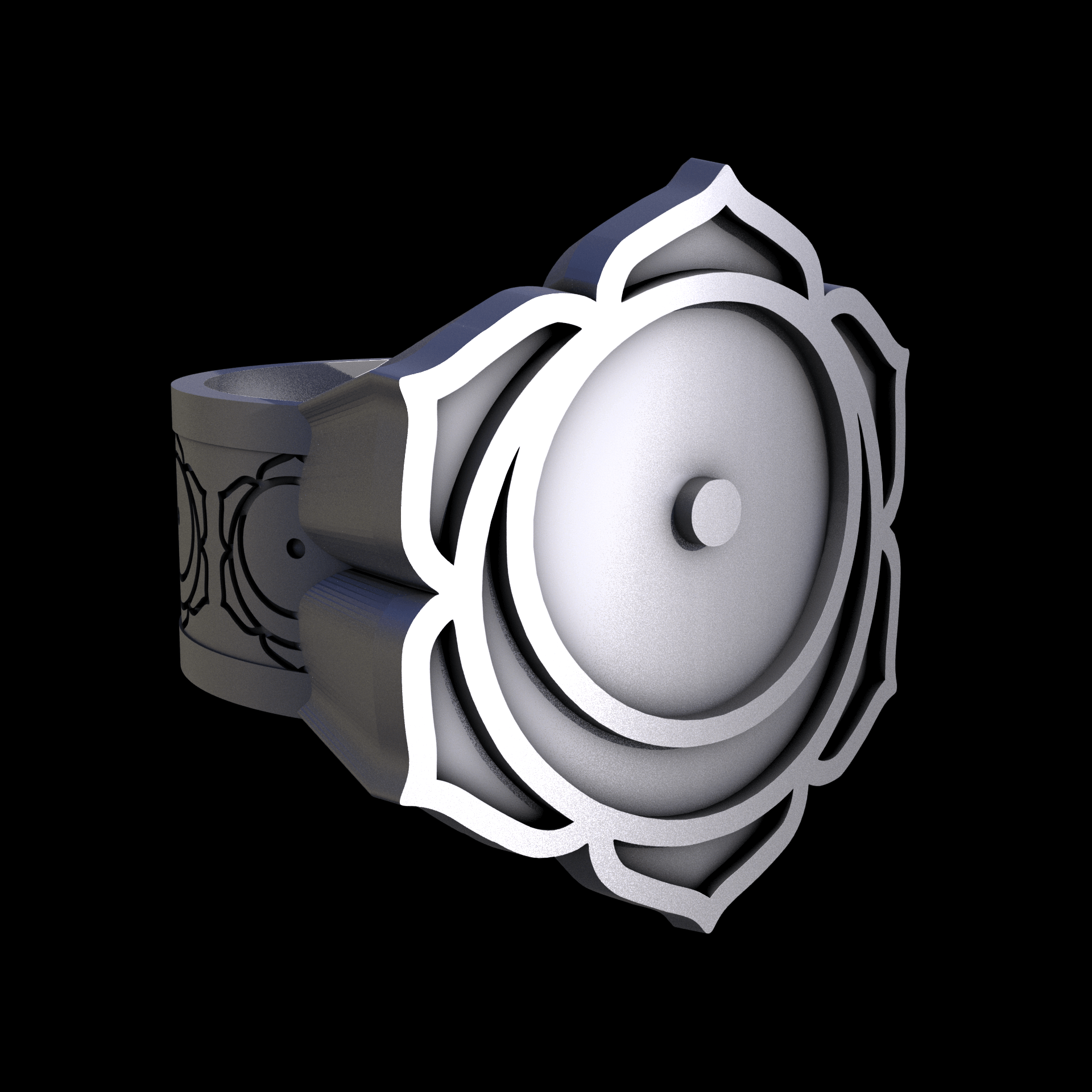 Stainless Steel 316L, manufactured using 3D printing, and media blasted after sintering, for a semi matte, rough surface finish.