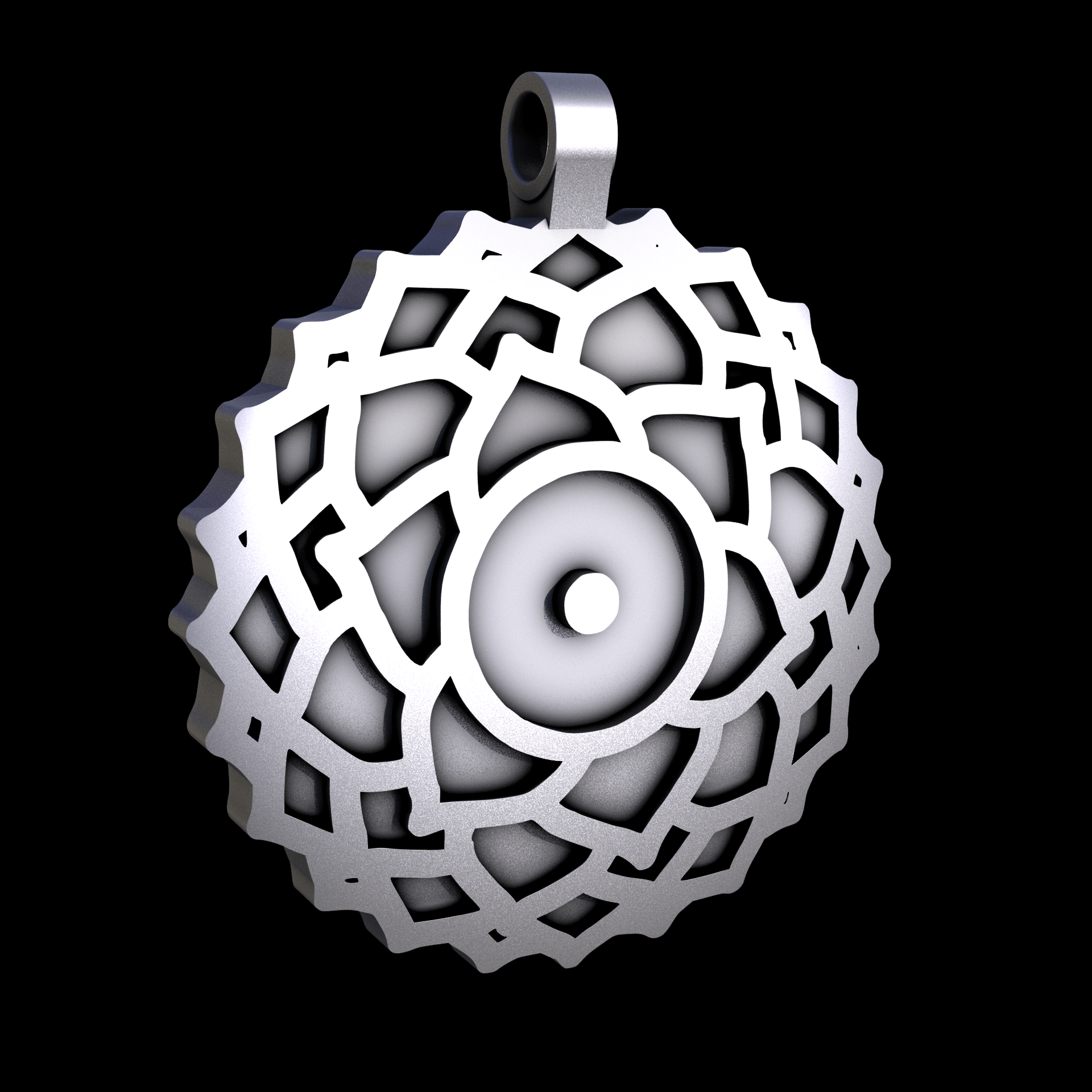 Stainless Steel 316L, manufactured using 3D printing, and media blasted after sintering, for a semi matte, rough surface finish.