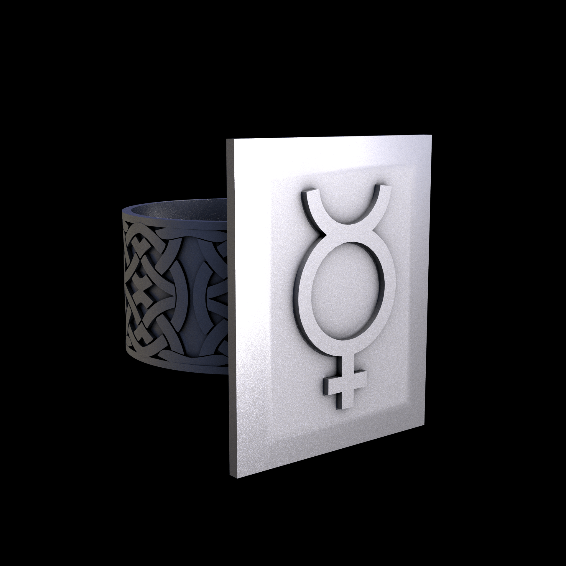 Stainless Steel 316L, manufactured using 3D printing, and media blasted after sintering, for a semi matte, rough surface finish.