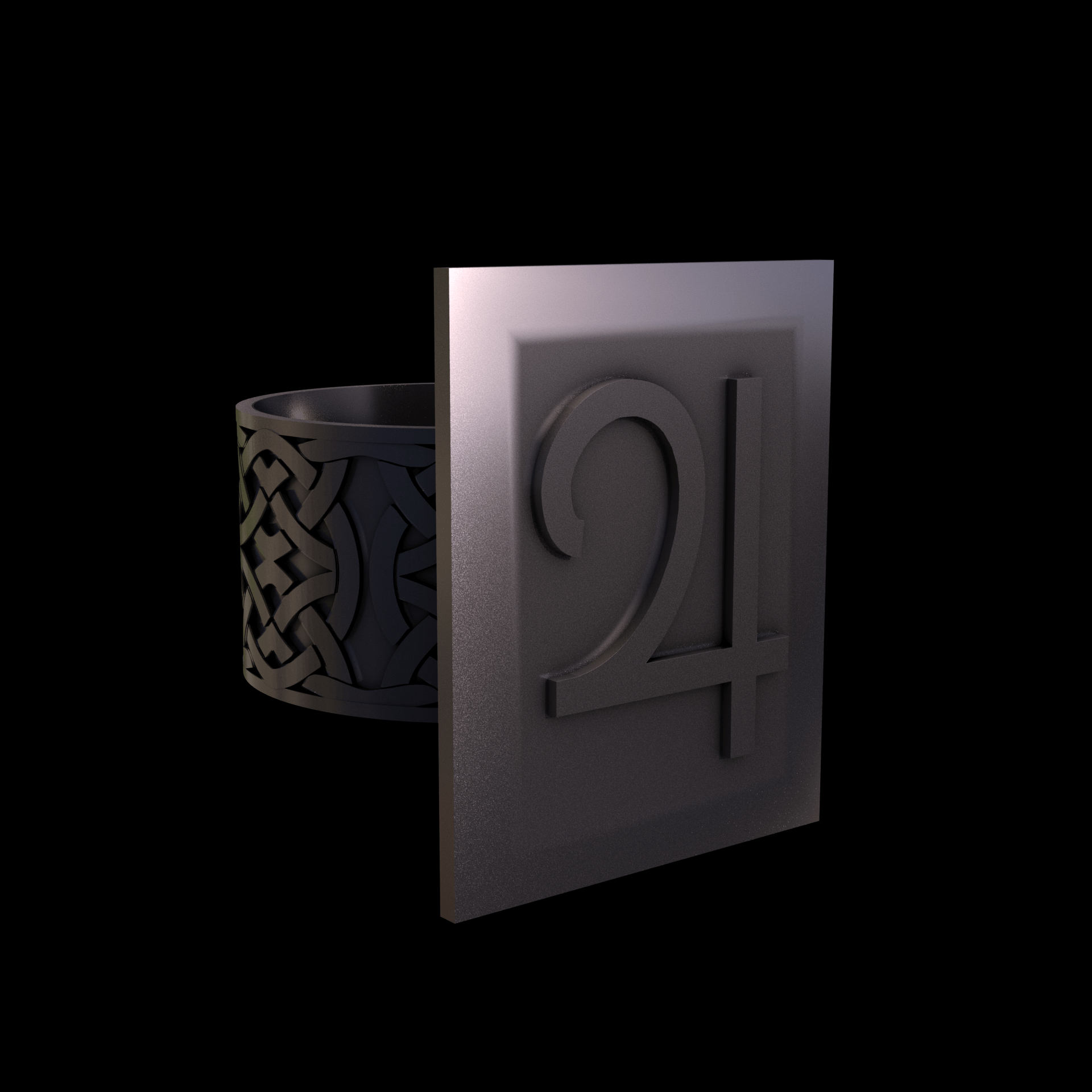 Bronze infused 420 stainless steel, manufactured using 3D printing, polished and plated in nickel for a silvery hue with a mild sheen, with visible print lines.